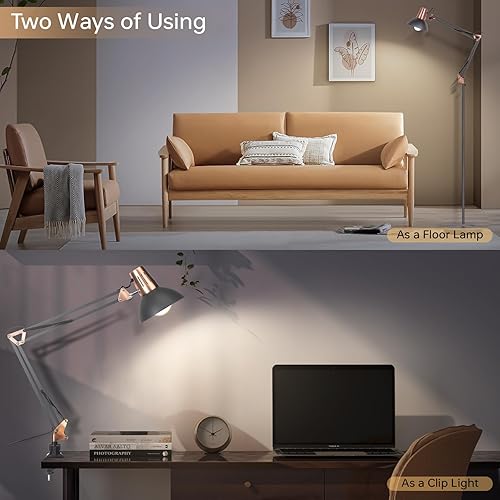 Miniatura 5 de FIRVRE Lámpara de pie de metal con brazo oscilante, lámpara de lectura ajustable para arquitecto, lámpara de pie de poste alto con interruptor de