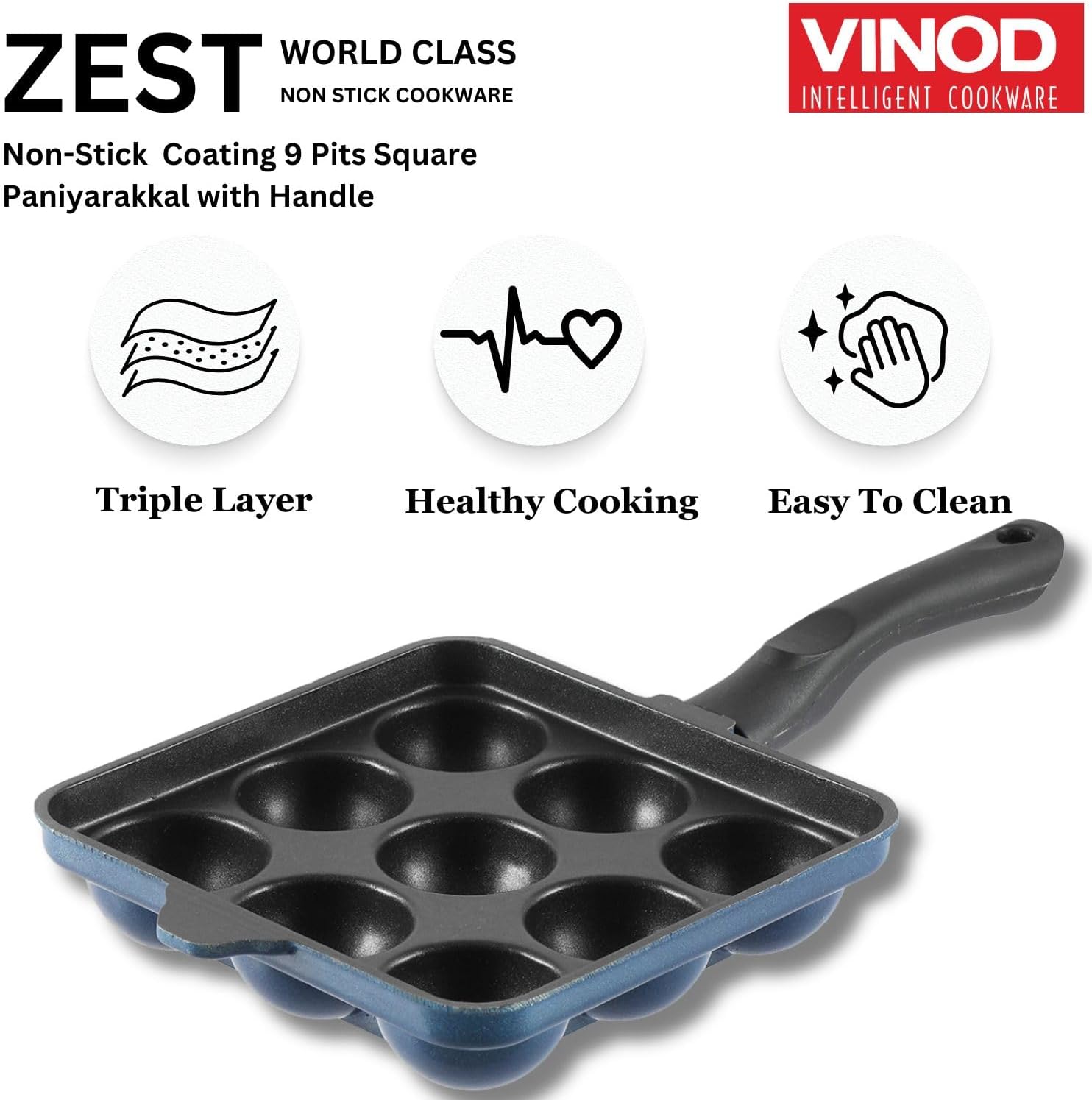 Vinod Aluminium Non Stick 9-Cup Paniyaram Pan - 17.5cm / South Indian Pancake Pan/Appe Pan/Appam Pan, 3mm Thick, 3 Ply, Metal Spoon Friendly, Gas Base