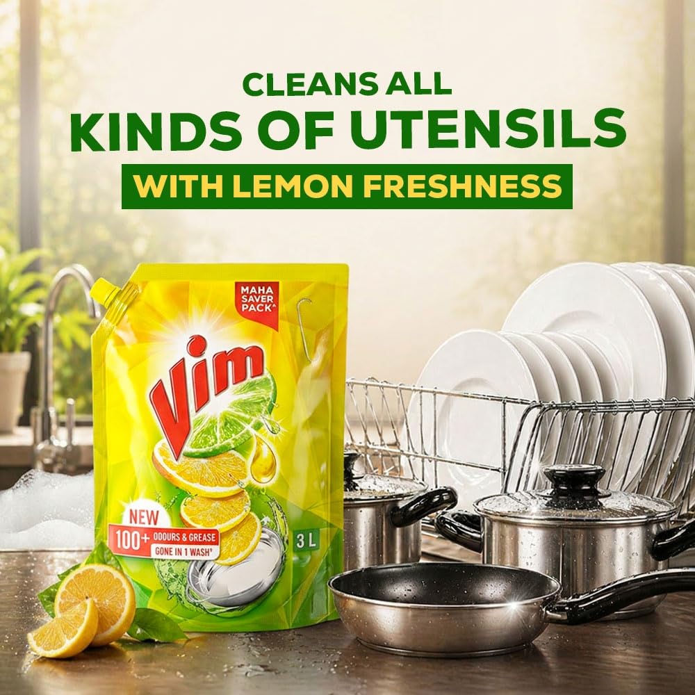 Vim Dishwash Liquid 3 L pouch | Removes 100+ Odours & Grease in 1 wash | With the power of 100 Lemons 1