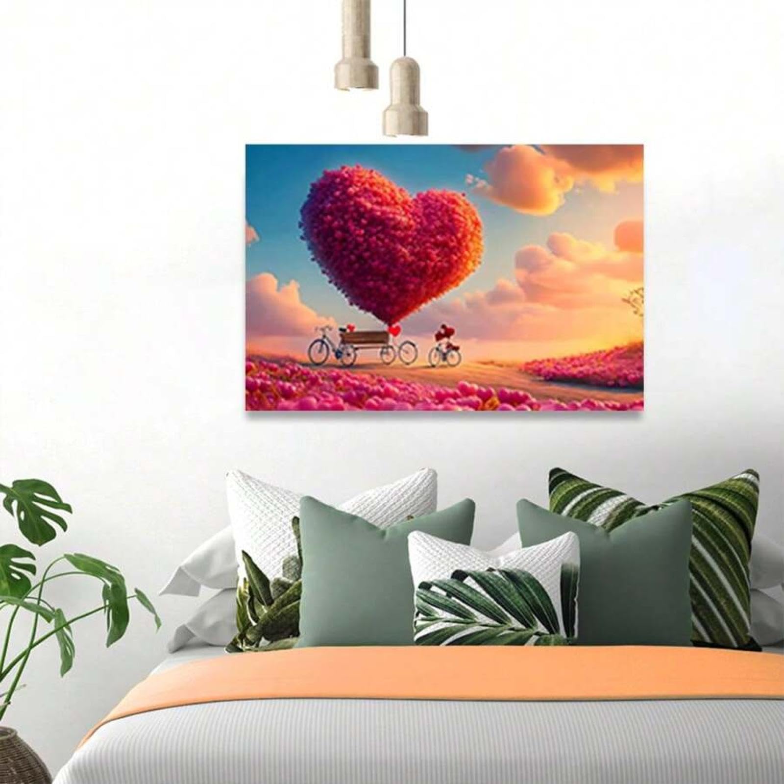 TONGYINLI Plakat na płótnie serce balon i kwiaty czerwone róże rower walentynki druki ścienne do sypialni 60 x 90 cm bez ramki