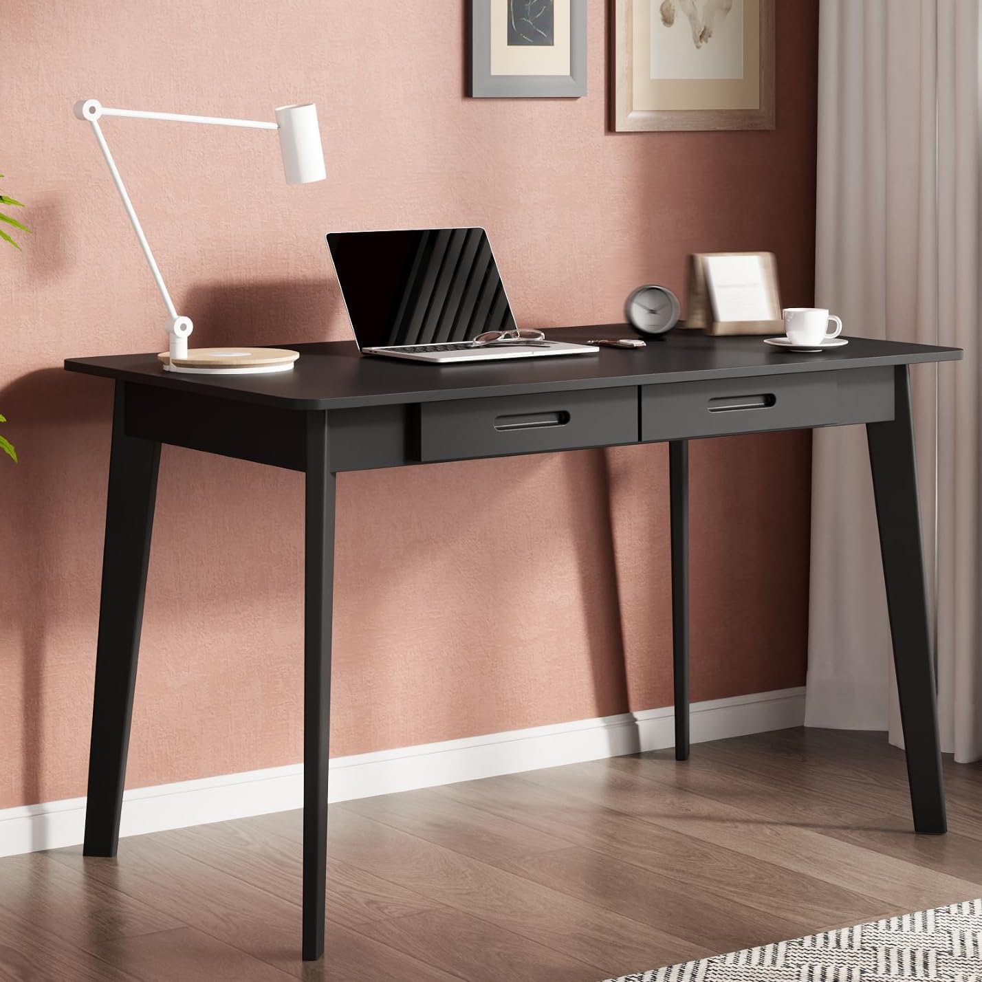 40 Inch Compact Computer Gaming Desk, Black Study Work Office Desk with 2 Storage Drawers, Rectangular Study Reading Table, Simple Computer Writing Table for Home Office, Living Room