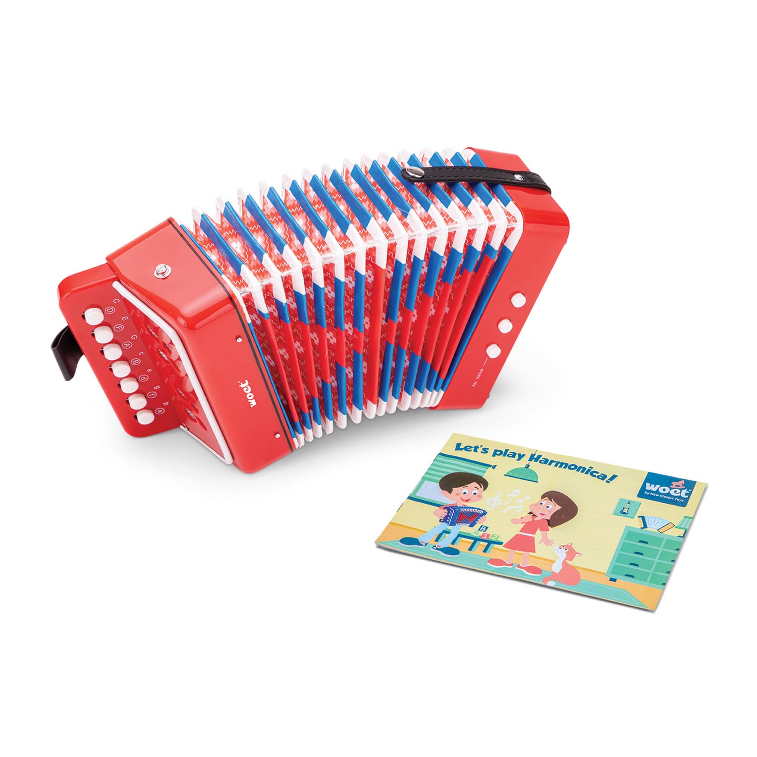 Woet® Acordeón de Juguete Rojo para Niños, Instrumento Musical con Libro de Canciones y 8 Canciones, Juguete Educativo para Principiantes, Desarrollo Musical, A Partir de 3 Años