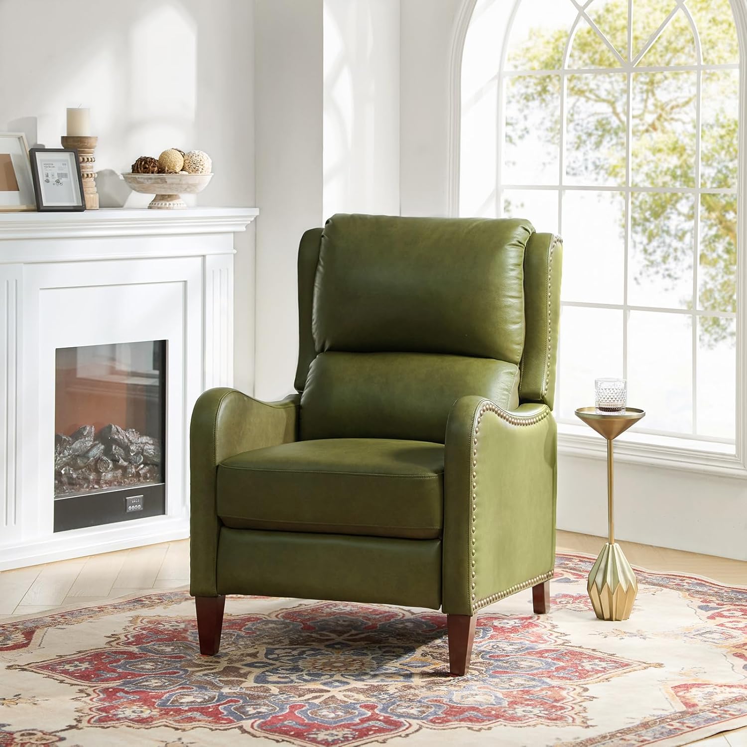 HULALA HOME Genuine Leather Recliner Chair, Modern Push Back Recliner Armchair with Thick Seat, Backrest & Footrest, Nailhead Decor for Living Room, Bedroom, Olive