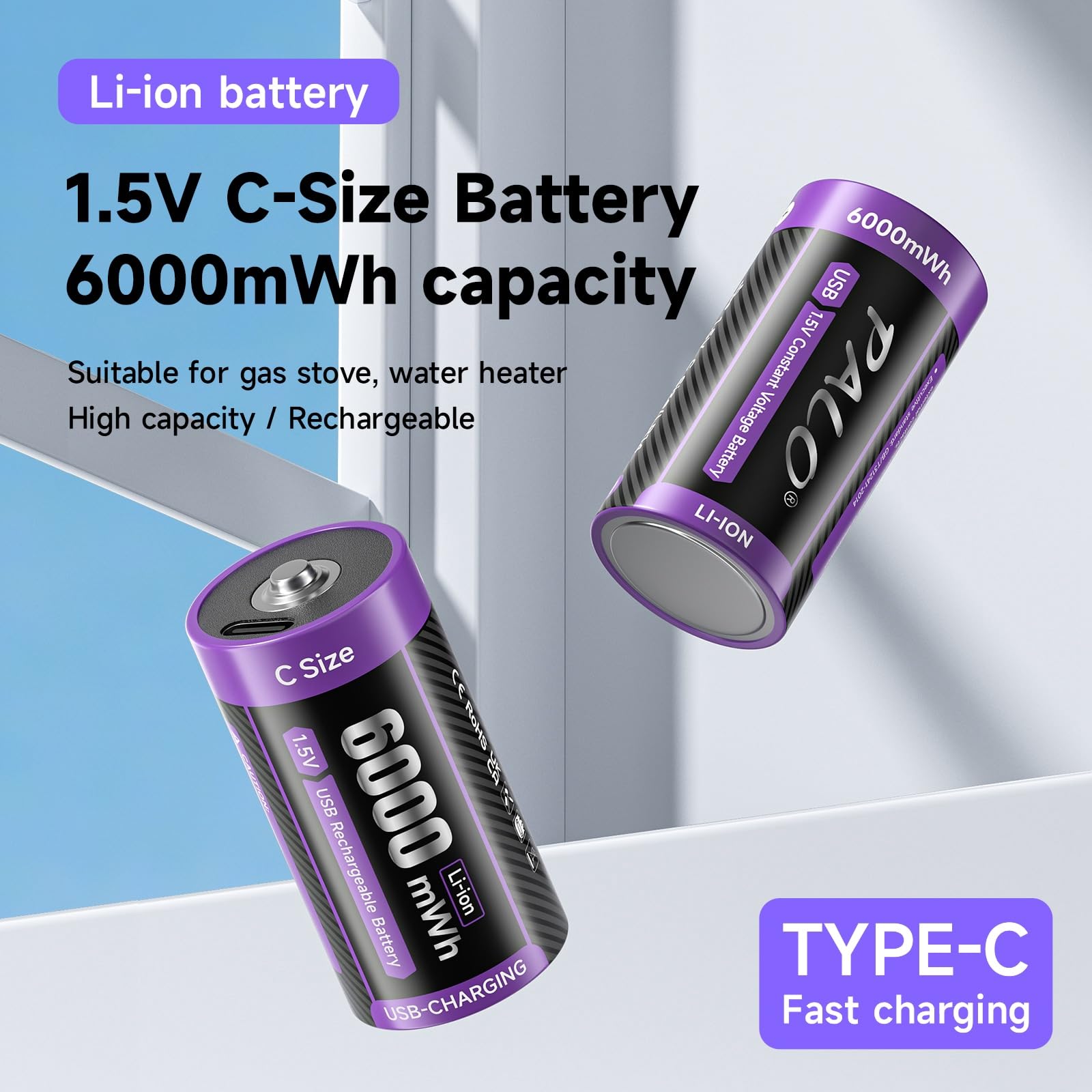 Batterie C ricaricabili da 1,5 V 6000 mWh LR14 C Batterie al litio USB-C con cavo di ricarica di tipo C, bassa autoscarica, con luce di ricarica, oltre 1500 cicli, confezione da 6