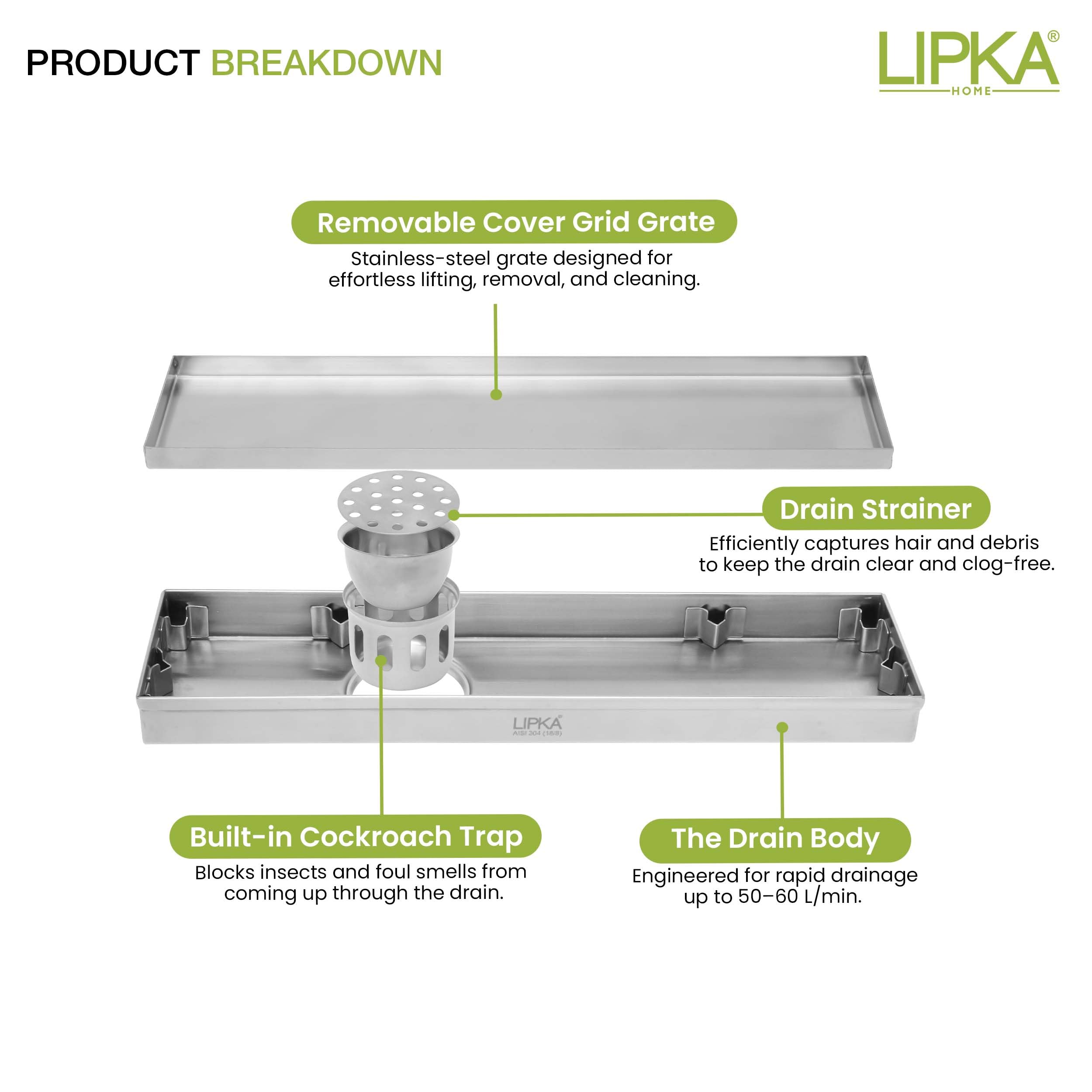 LIPKA Rectangular Tile Insert Shower Drain Channel | 18 x 3 Inches | Waste Water Floor Drain for 13mm Tile | 304 Stainless Steel | Invisible Shower Drainer Channel | Anti Cockroach Trap and Side Hole — Amazon image 6