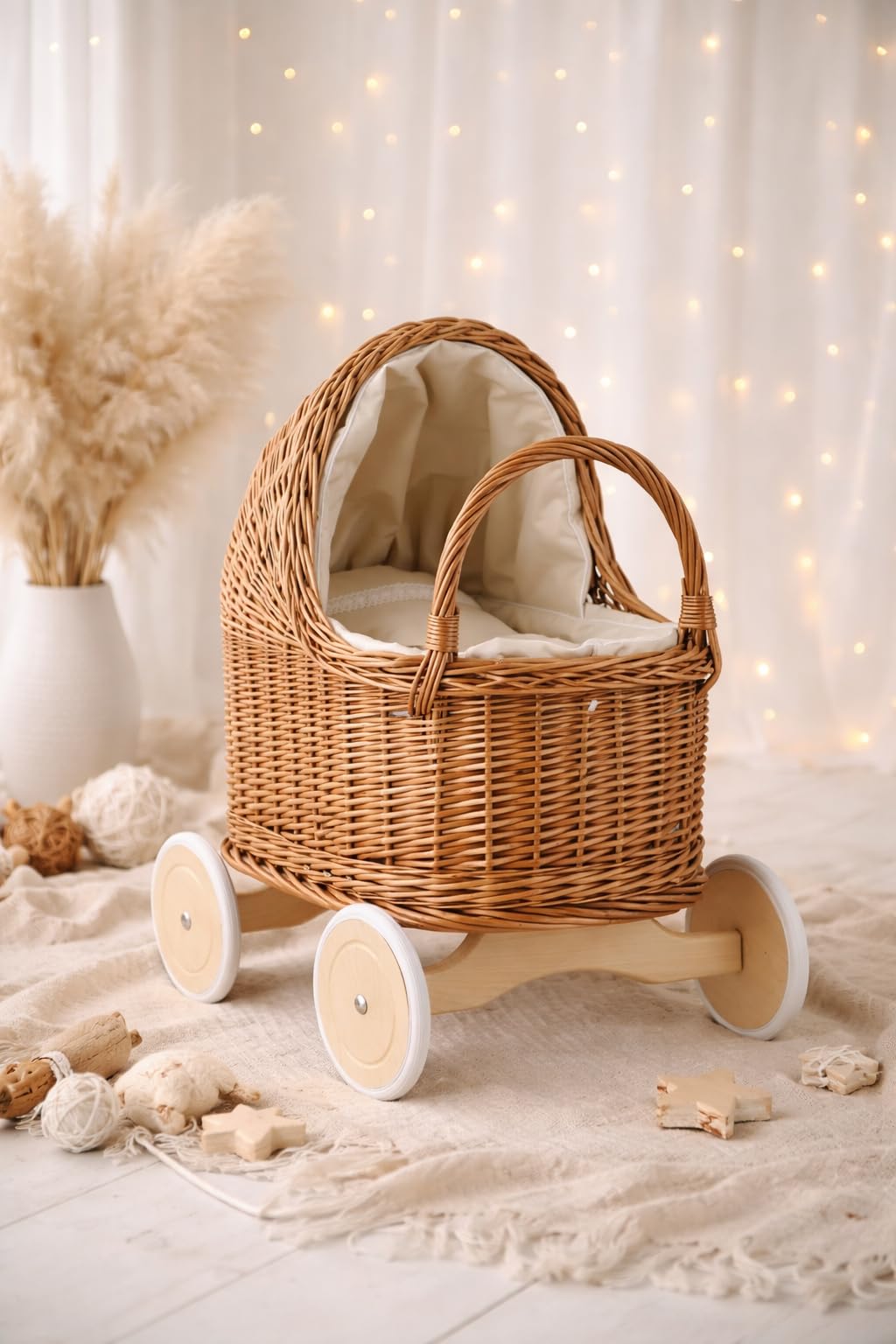e-wicker24 Duży wózek dla lalek z wikliny w naturalnym kolorze, wózek do nauki chodzenia