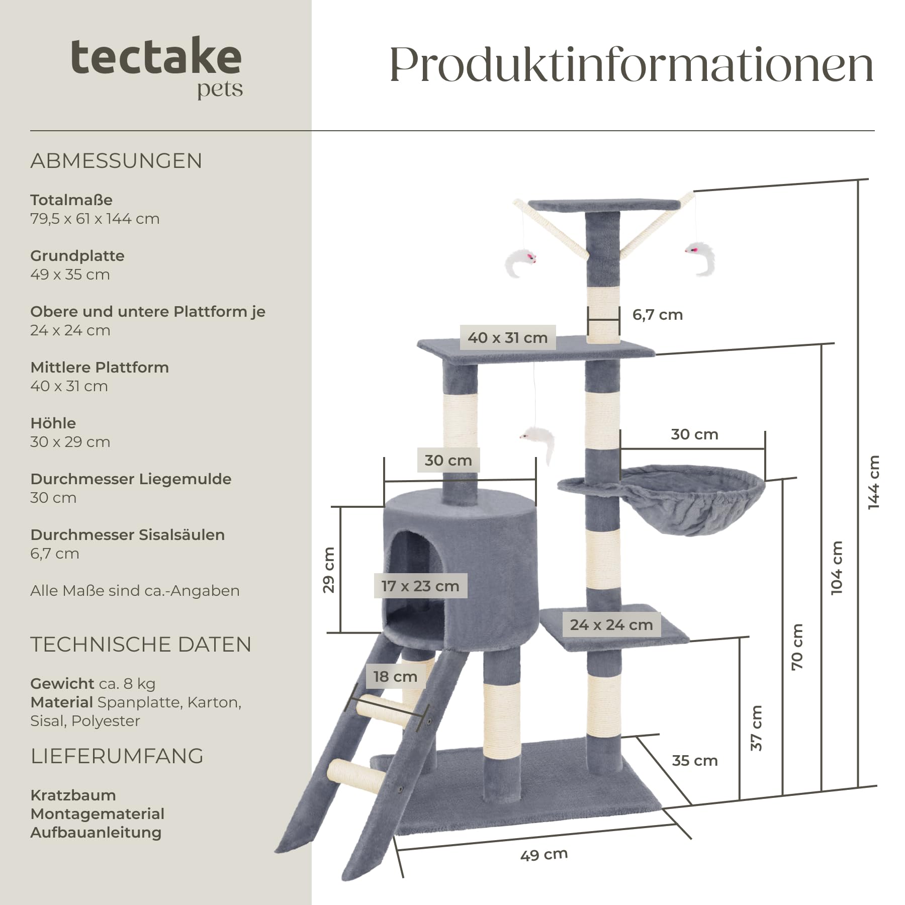 Tectake Kratzbaum für Katzen - Mittelgroßer Kletterbaum mit Sisalstangen, Hohl und Treppe - Katzenhaus 144 cm Hoch - Grau