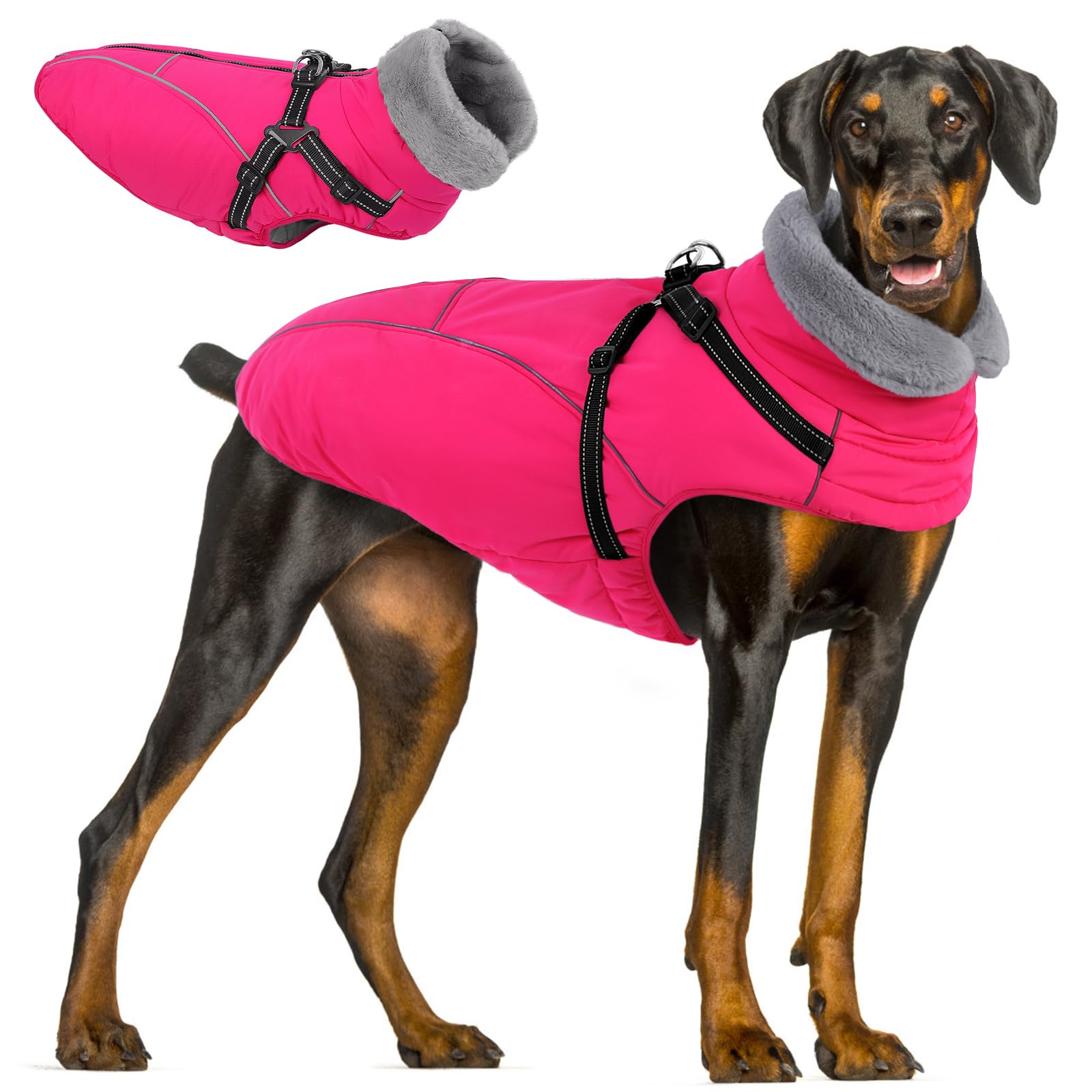 Queenmore Abrigo Perro Impermeable con Arnés | Abrigo Invernal con Forro Polar para Perros Grandes | para Clima Extremo Razas Gigantes(Rosa, 3XL)