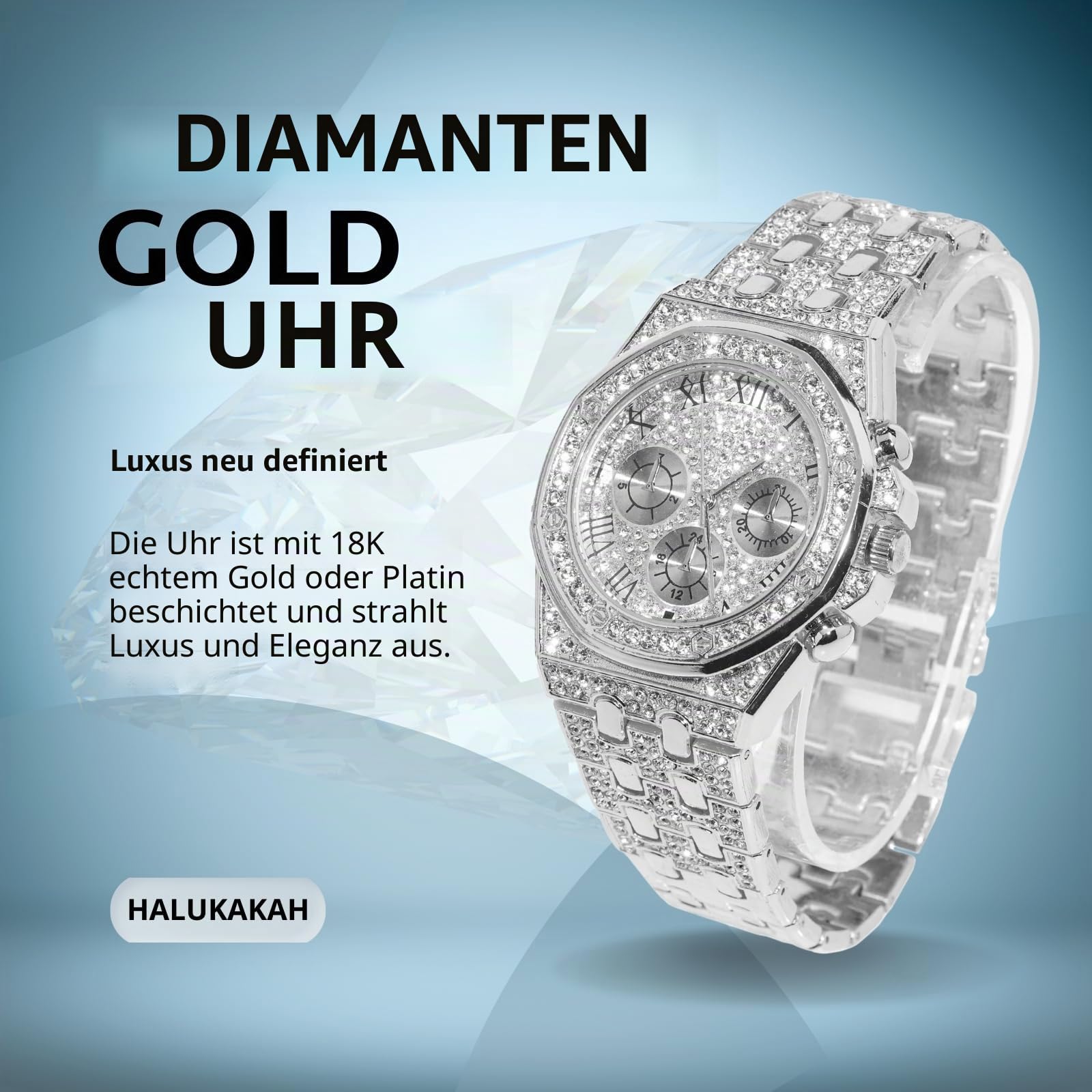 Halukakah Diamanten Gold Uhr für Jungen,Teenager - 18K Echtgold/Platin Platiniert,40mm Achteckiges Zifferblatt mit Römischen Zahlen - 20cm Länge -Optional mit Cuban Gliederkette,mit Anpassungswerkzeug