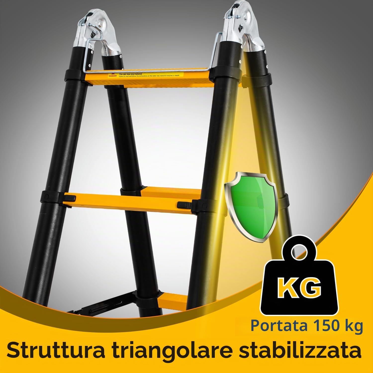 Eulenke Scala telescopica in alluminio 5 m / 2,5m + 2,5m, scala pieghevole con bilanciere e ruote, scala retrattile portata 150 kg, scala pieghevole salvaspazio, antiscivolo, nero e giallo