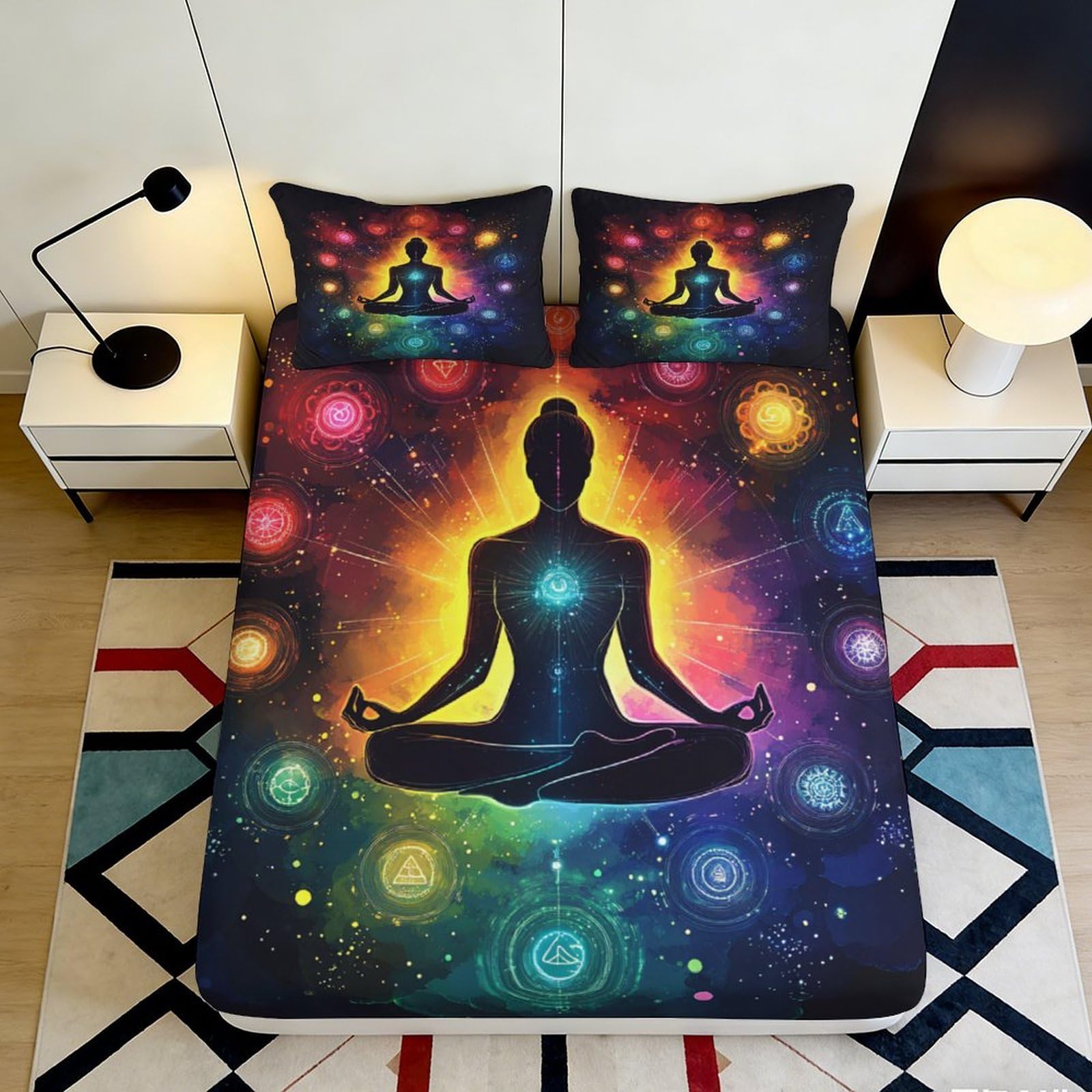 3D Printed Chakra Meditation Fitted Sheet Microfiber Soft Breathable Mandala Mattress Cover Bedroom Decor 90x200x25cm