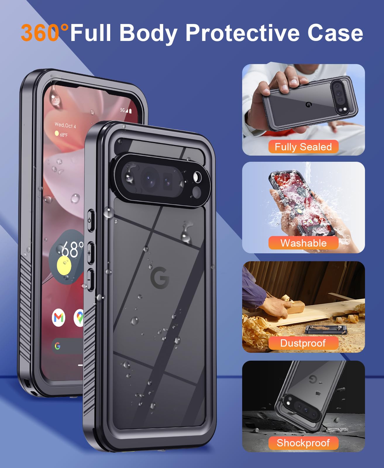 Beeasy Funda para Google Pixel 9 Pro Impermeable,360 Grados Antigolpes Militar Irrompible Resistente Acuatica Carcasa,IP68 Waterproof Case con Protector Camara/Pantalla para Pixel 9 Pro