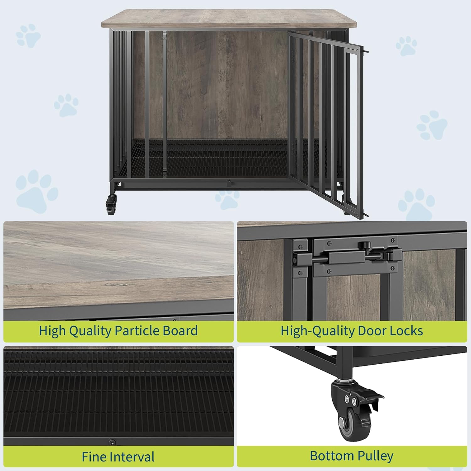 Heavy Duty Dog Crate Furniture with Wheels, 39'' Dog Kennel Furniture with Removable Tray, Wooden Pet Cage Indoor, Decorative Side End Table for Small Medium to Large Breeds