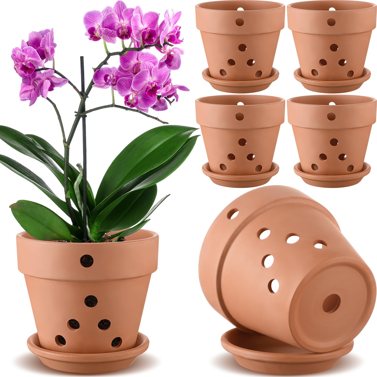Remerry 6 Pcs Orchid Pot with Drainage Holes and Saucers Clay Plant Flower Terracotta Pots Large Planter Garden Pots for Repotting Indoor Outdoor Succulents Promotes Air (Brown,6 Inch)