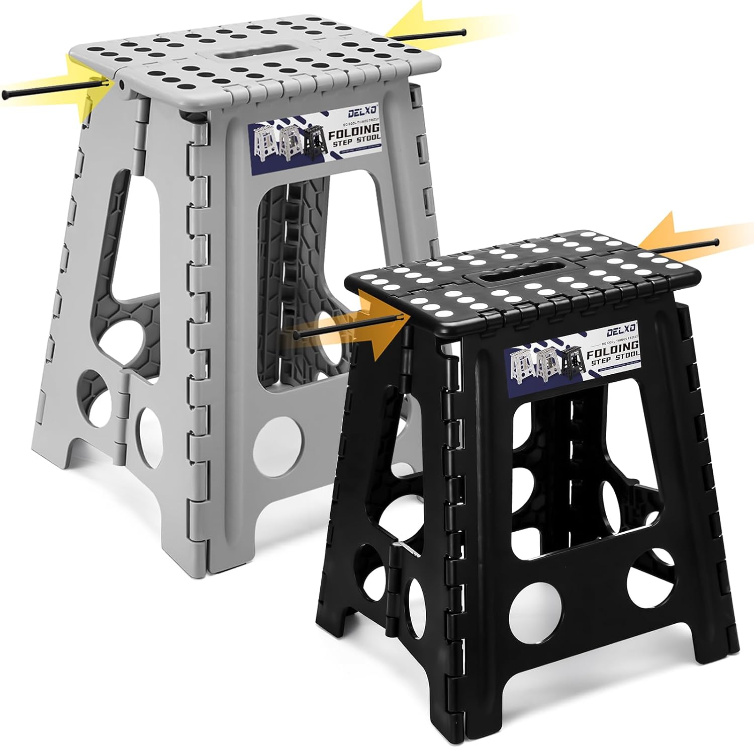 Delxo Folding Step Stool, Heavy Duty Foldable Stool for Adults,Premium Portable Collapsible Plastic Step Stool,Non Slip Folding Stools for Kitchen Bathroom Bedroom (16 inch+18 inch)