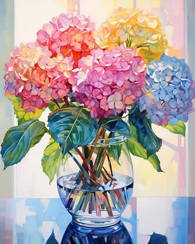 Tucocoo Bumbers - Pintura de paisaje de hortensias en jarrón de vidrio, para adultos, hermosa flor, pintura por números, pintura acrílica, lienzo,