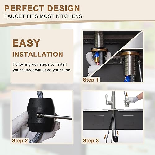 Miniatura 6 de CASAINC Grifo de cocina de níquel cepillado con rociador extraíble, rociador de 3 modos con modo de pausa de 1.8 gpm, grifo de cocina táctil para