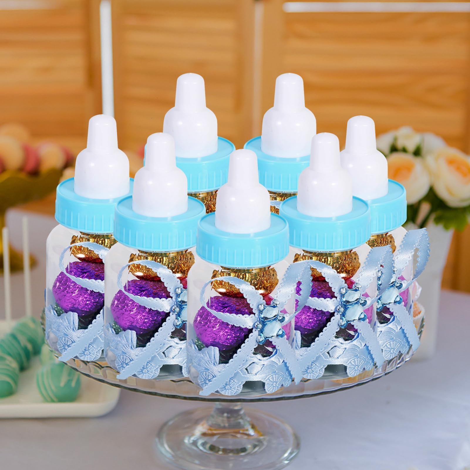 50 Pezzi doccia bambino Mini Biberon, Piccola bottiglia di plastica dell'orso della caramella con il nastro per il decoro della festa del battesimo del neonato della ragazza del ragazzo, Blu