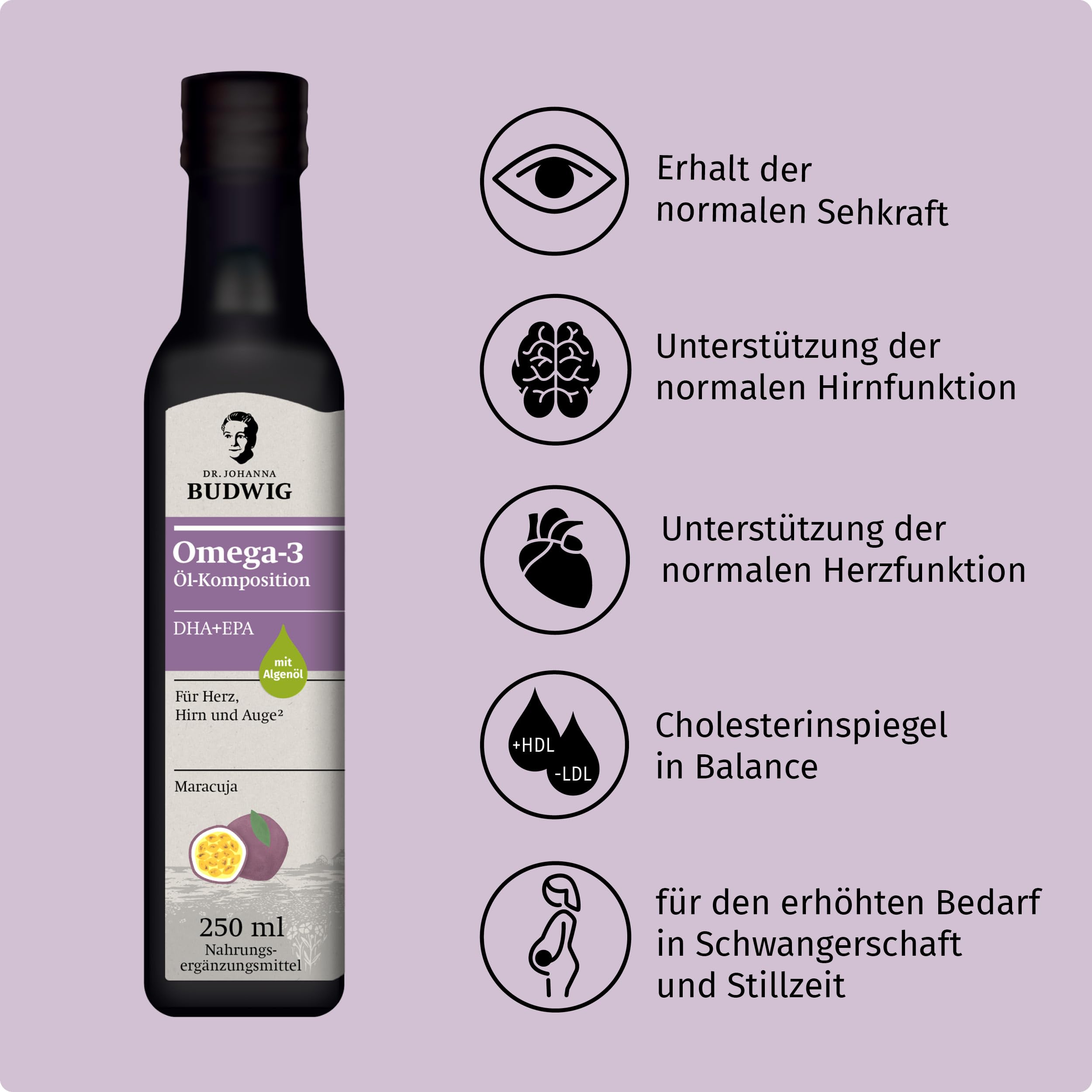Dr. Budwig Omega-3 DHA+EPA Öl Maracuja (2x 250 ml) – pflanzliches Omega mit ALA – 97% Bio-Zutaten – 9,4 g Omega-3 pro Tagesportion – vegan