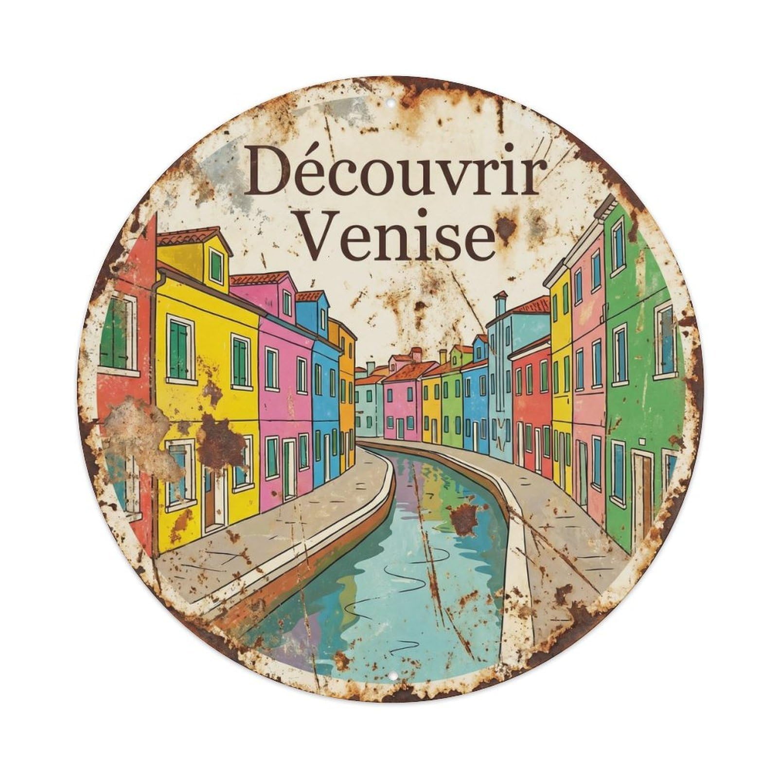 Italian Waterway Venice Gondola Lagoon Heritage Travel Guide Metal Tin Sign Plaque Wall Decor for Cafe, Man Cave, Club Bar, Office, Home Garden Round Metal Poster 8x8Inch