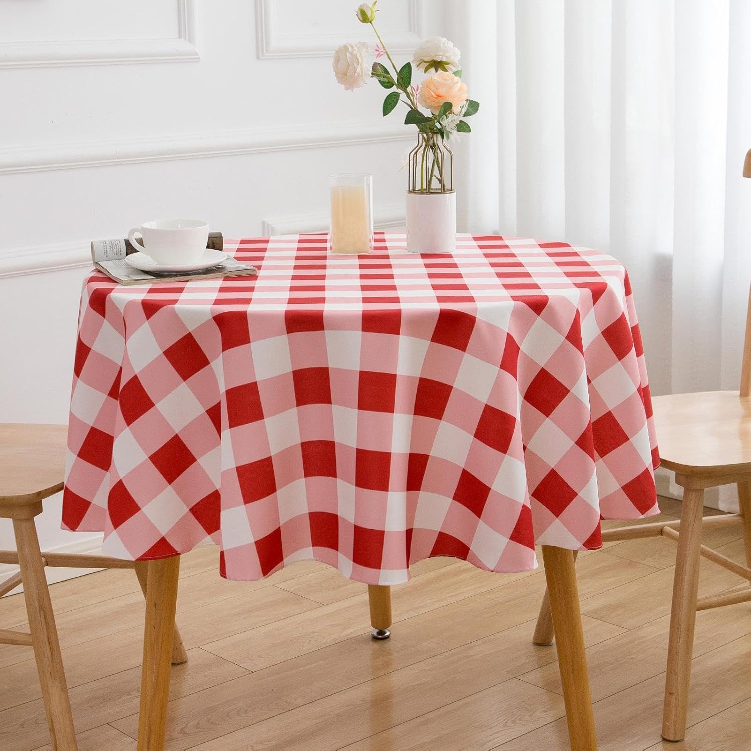 Round Red and White Checkered Tablecloth 70 Inch Spring Gingham Table Cloth- Buffalo Plaid Polyester Table Cover for Summer Holiday Decorations Reusable Water Resistant - Image 3