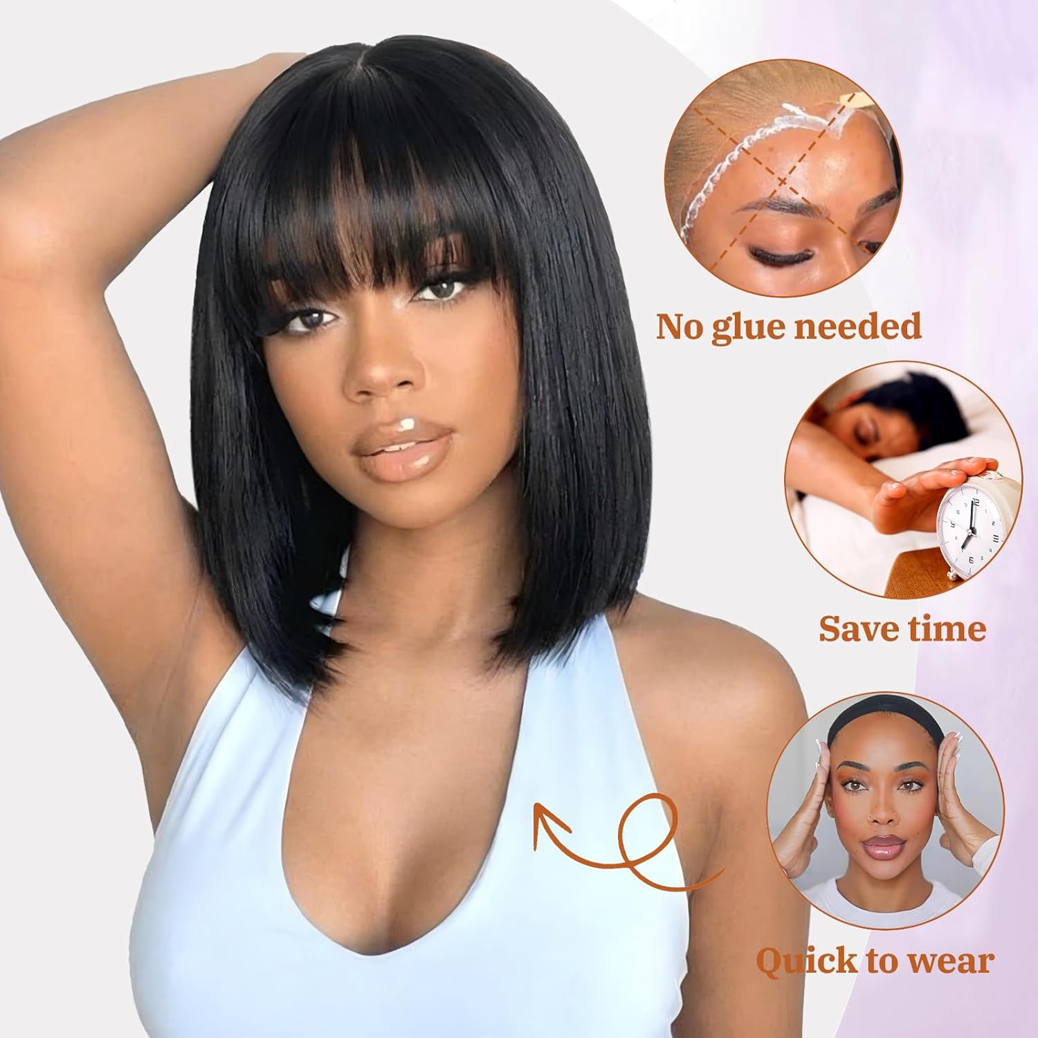Bob Wig with Bangs Human Hair HD Lace Hairline Short Black Bob Wigs Wear and Go Glueless Wigs for Black Women 200% Density 12Inch