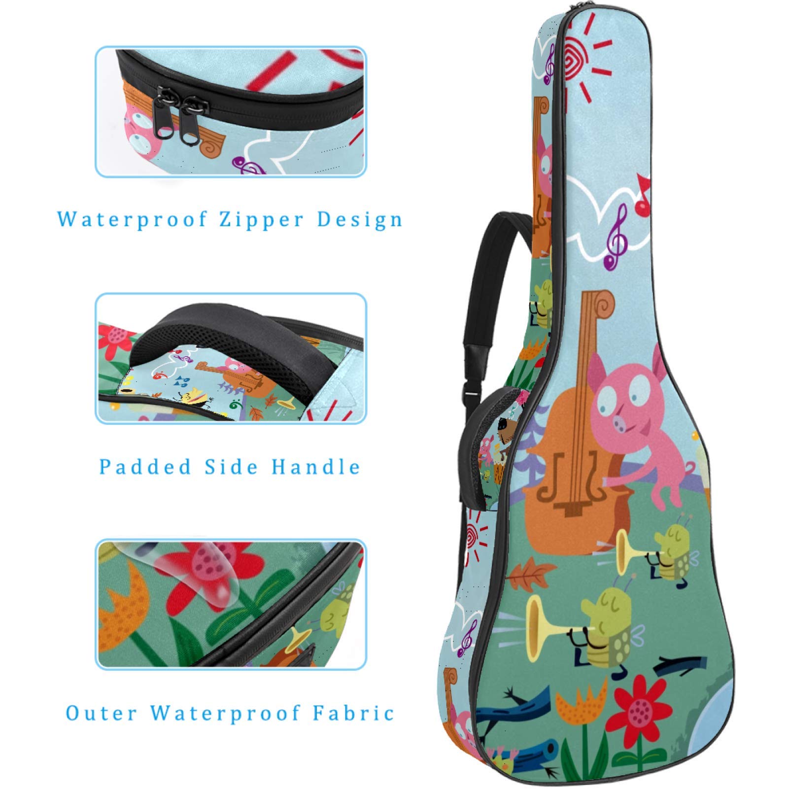 Borsa per chitarra impermeabile con cerniera morbida zaino per chitarra, basso acustico e classico folk chitarra elettrica folk foresta concerto musica carino animali cartoni animati