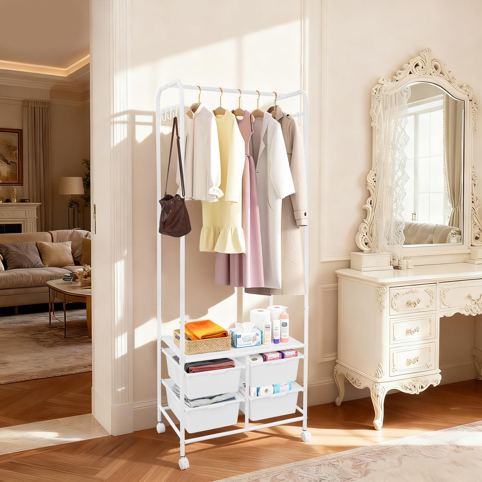 Garderobenständer, Rollbarer Kleiderständer Metall Kleiderbügel mit 4 Aufbewahrungsboxen & 8 Haken Kleiderhalterungsständer Garderobe für Schlafzimmern, Waschküchen 63x37x160 cm