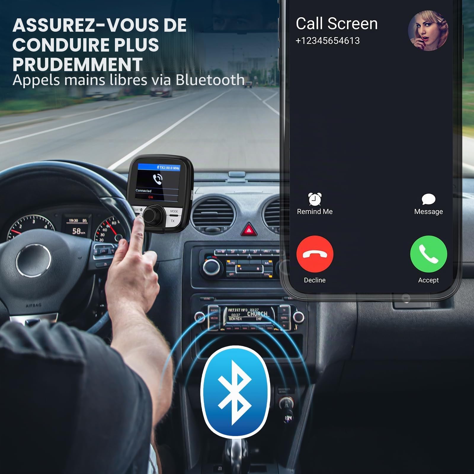 Adaptateur autoradio FM Dab/Dab+ Tin-Nik DAB-388 avec émetteur FM intégré, Voiture Dab, Appel Main Libre, Écran Couleur avec Diffusion de Musique Bluetooth, Télécommande, écran TFT 2,4”, Antenne SMB