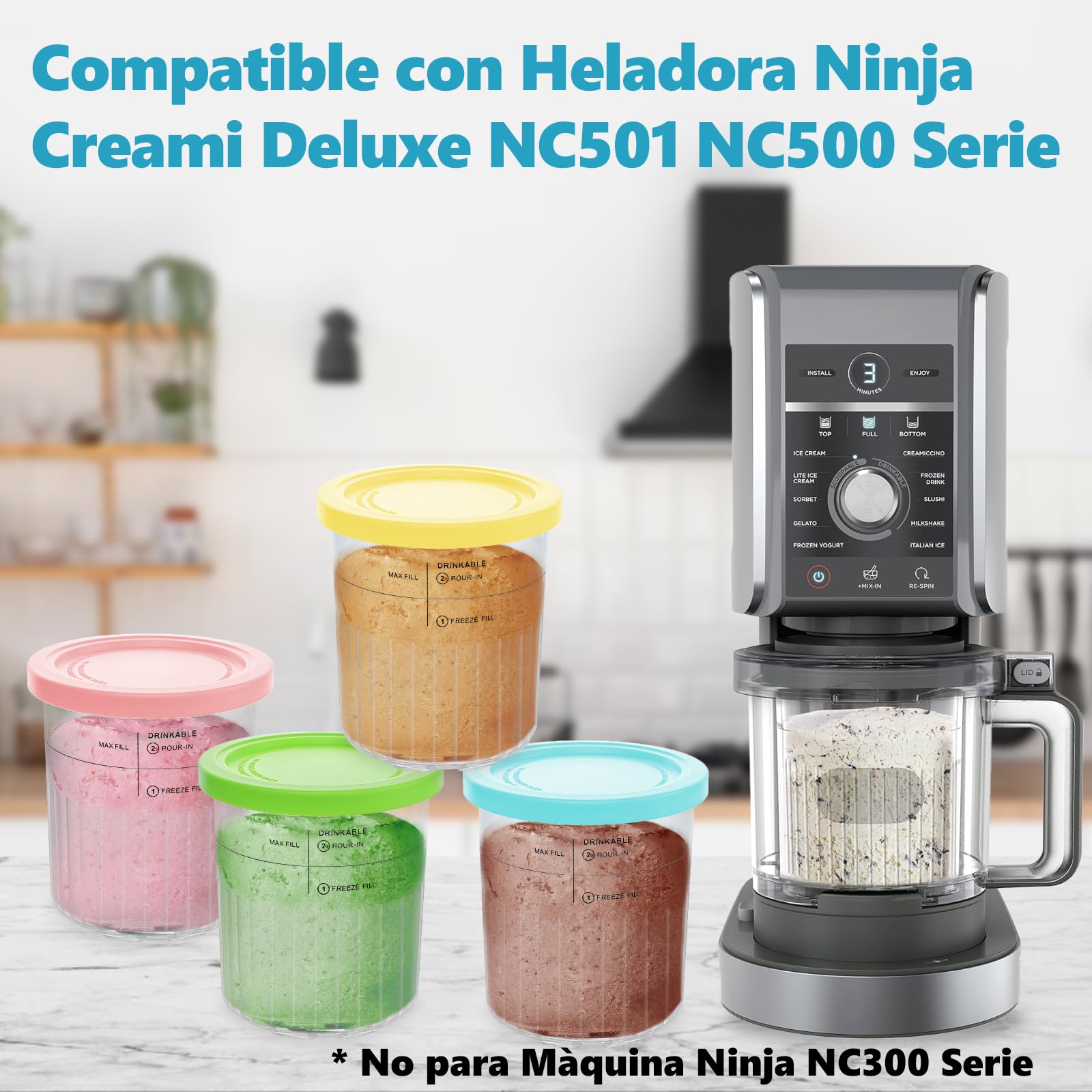 NNepfaivy Bacs à Crème Glacée pour Ninja Creami Deluxe Sorbetière, Lot de 4 Récipients de Rechange avec Couvercles Compatibles avec Machines à Glace Ninja NC501EU NC500, Sans BPA et Lave-Vaisselle