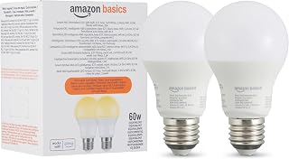 Amazon Basics smarte LED-Glühbirne, dimmbar, E27, sanftes Weiß, 8W (60W Equivalent), funktioniert nur mit Alexa, 2 Stück