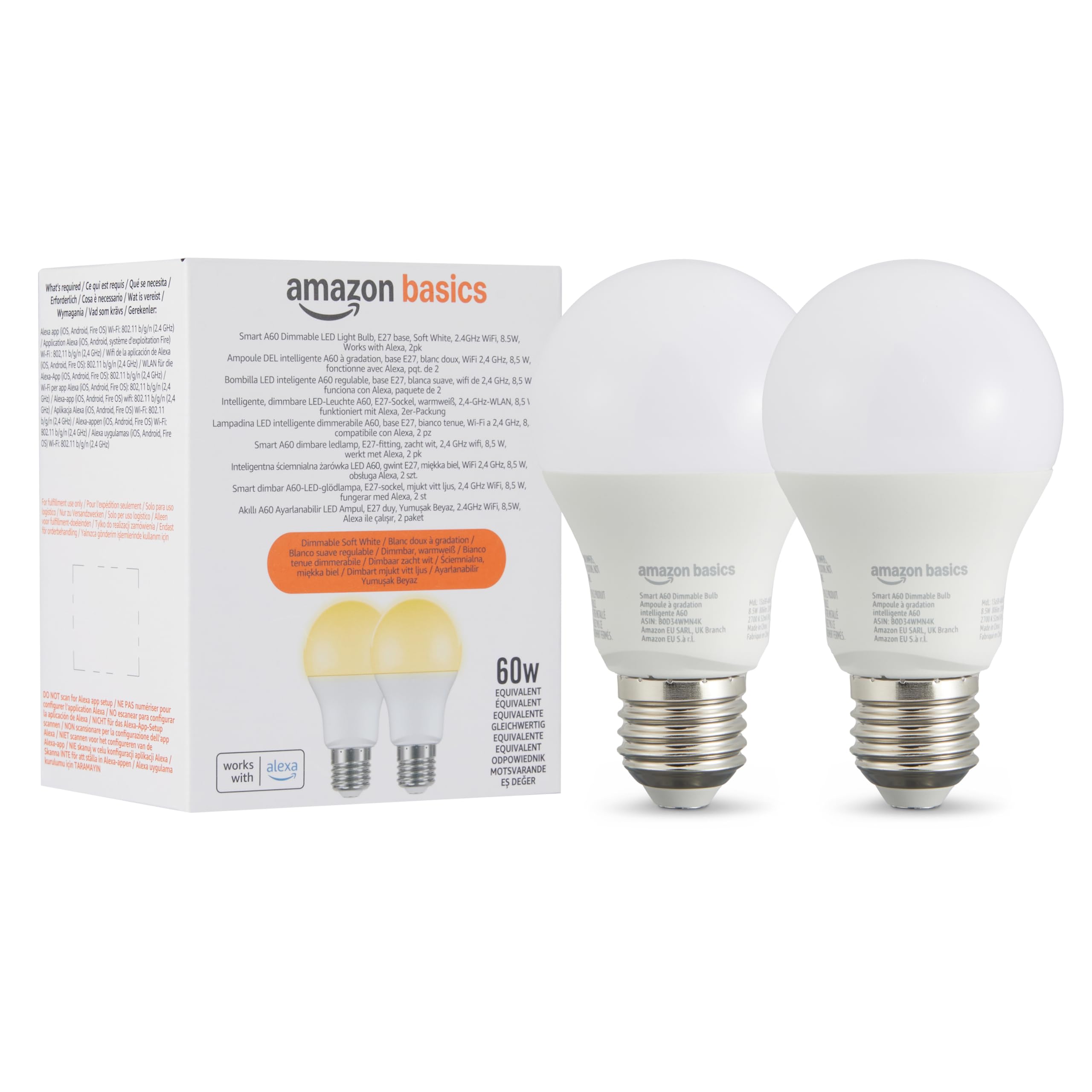 Amazon Basics Amazon Basics Smart A60 Dimmable LED Light Bulb, E27 Base, 2.4GHz WiFi, 8.5W, Soft White, 2 Count (Pack of 1)