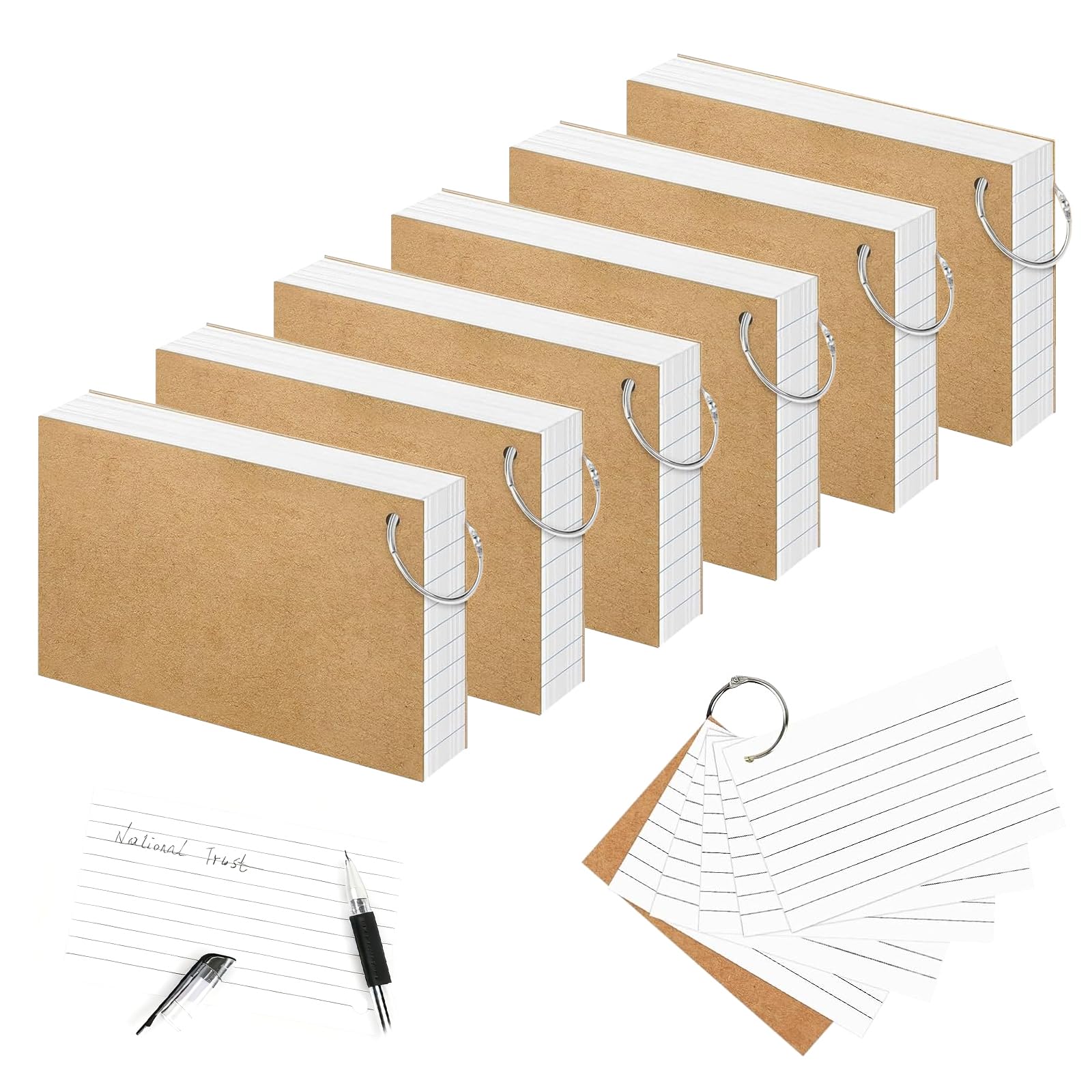 Flash Cards - 300 PCS White Ruled Index Cards with 6 Binder Rings, Blank Revision Cards 4.9x2.9 Inch Record Cards, Portable Study Flashcards for Office, School, Home Learning, Note-Taking & Retention