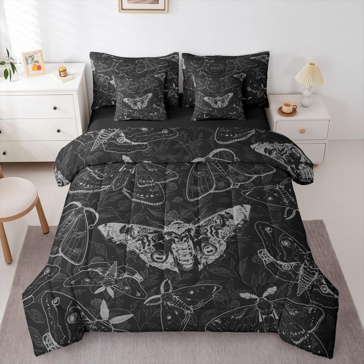 Feelyou Death Moth 7 Piece Bedding Set Damask Pattern Comforter Set with Sheets for Kids Boys Girls Black Grey Bed in a Bag Retro Leaves Bed Set Soft Lightweight