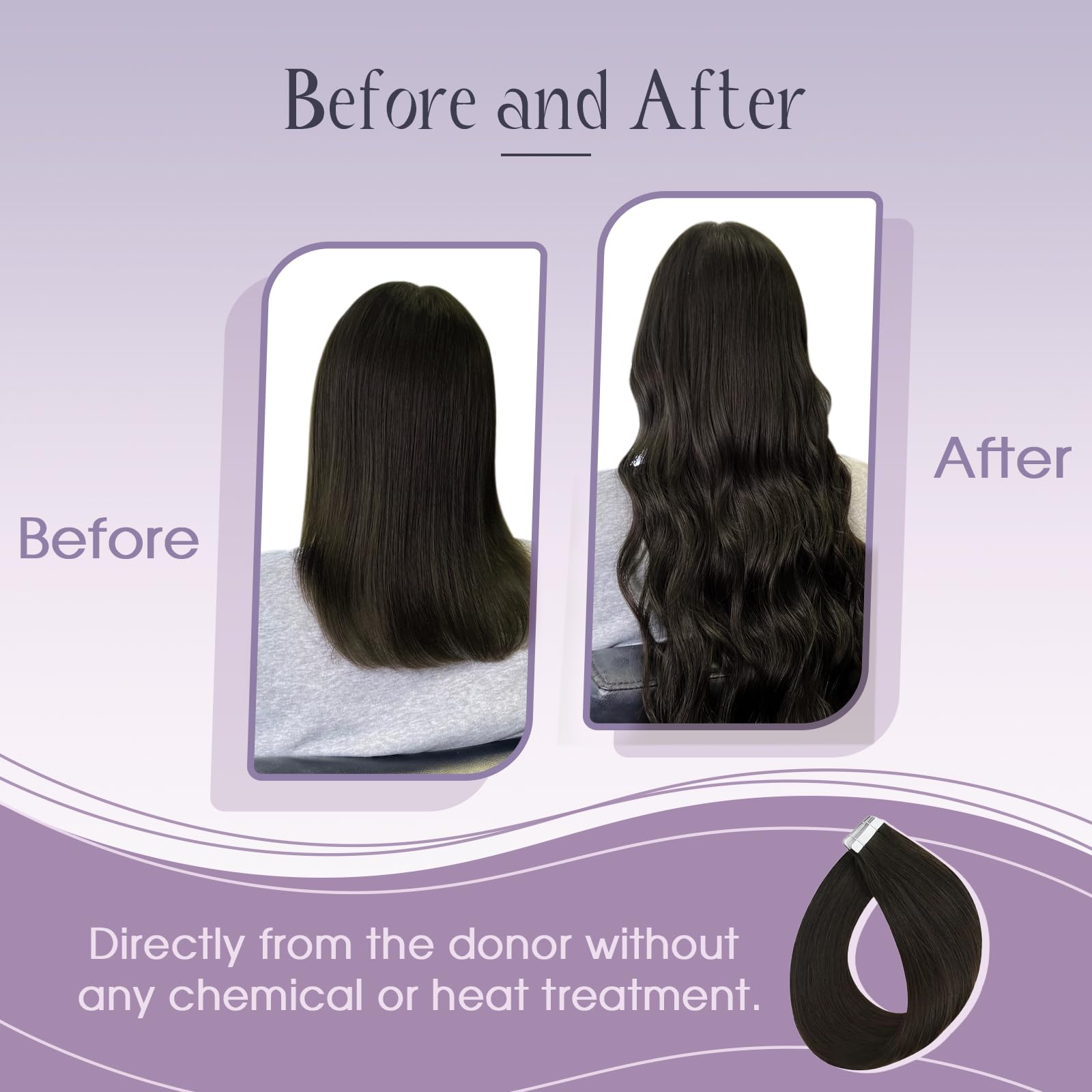 Fshine Extension adesive per capelli veri, 60 cm, 12,5 g, 5 pezzi, invisibili, in capelli veri, colore marrone scuro, 2