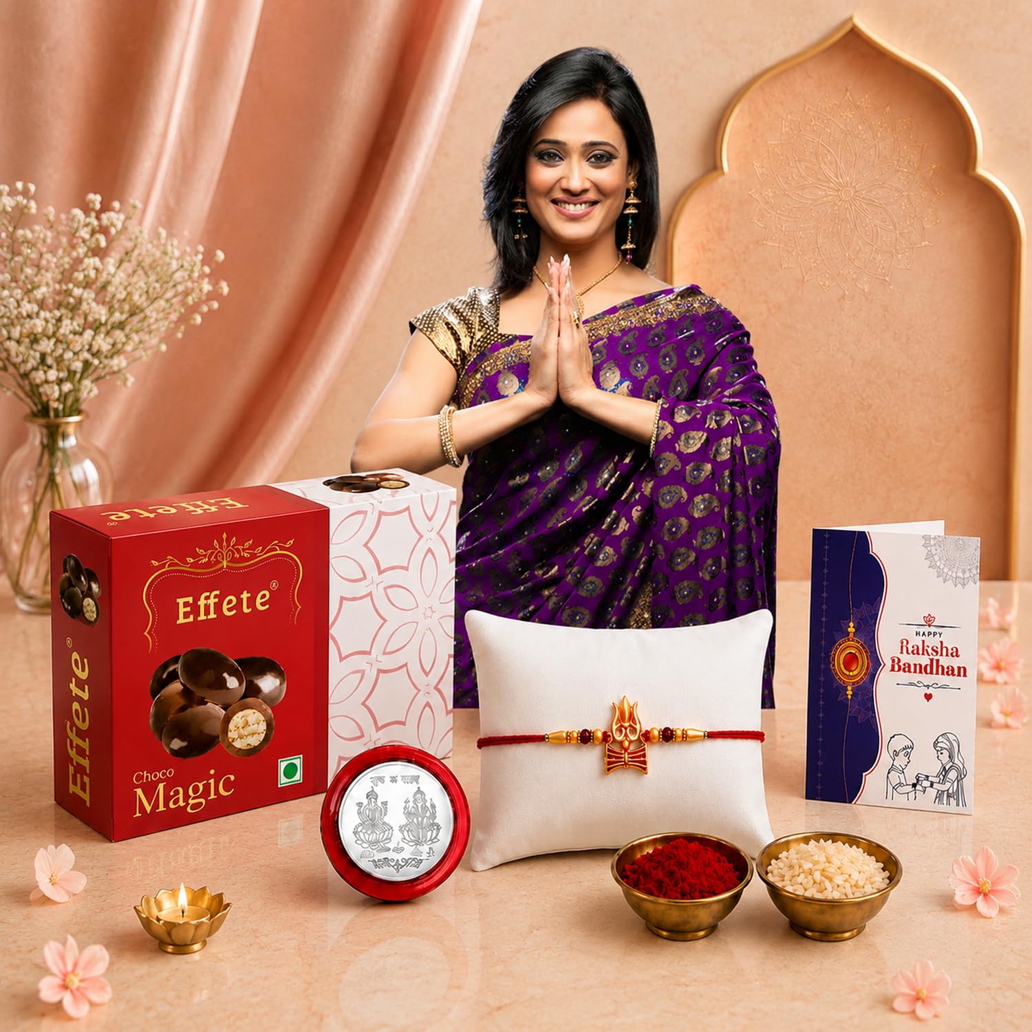 DeoDap Designer Trishul Damru Rakhi for Brother with Choco Magic Chocolate 32gm, Pooja Coin, Roli Chawal & Card | Rakhi with Chocolate Combo for Raksha Bandhan
