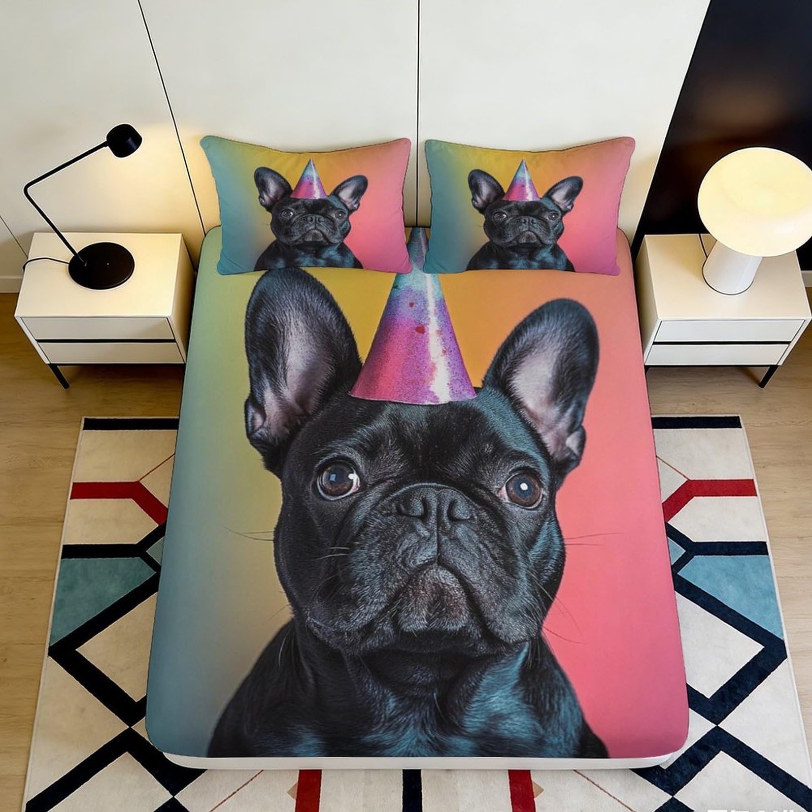 3D Printed French Bulldog Fitted Sheet Microfiber Deep Pocket Bedroom Bedding French Bulldog Mattress Fitted Cover Non-Slip Elastic All Wrap 160x200x25cm