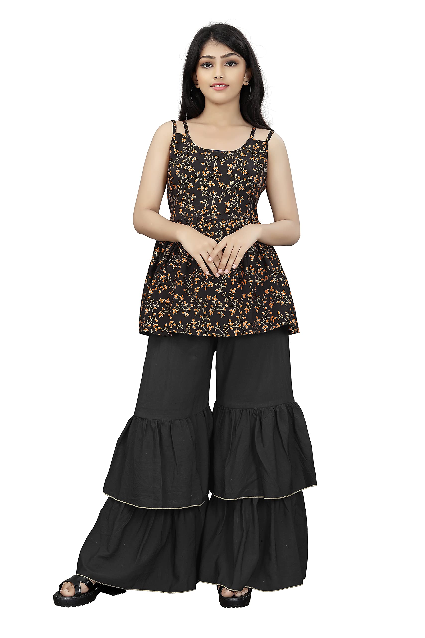 R K Maniyar CREATIONRayon Foil printed Sharara Set For Girls (ST248_PARI_PARENT), Black, 11 Years-12 Years