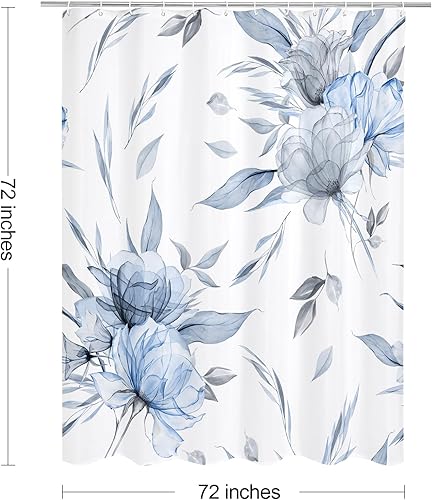 Miniatura 6 de Cortina de ducha bohemia con estampado floral de acuarela azul y gris, estilo de pintura de tinta, cortinas de ducha de flores y hojas para baño