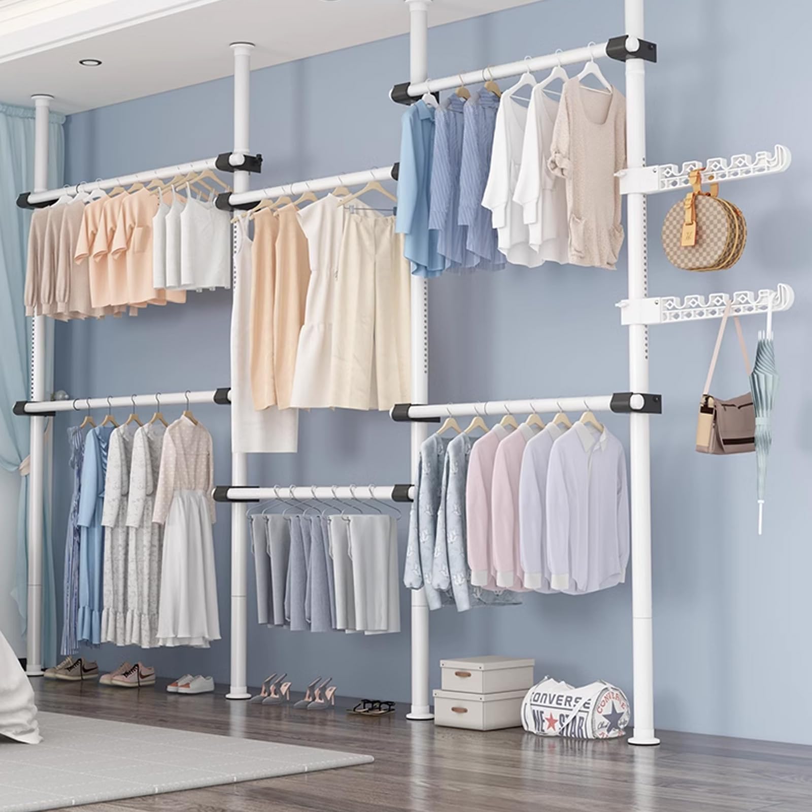 Teleskopowy regulowany wieszak na ubrania od podłogi do sufitu – oszczędzający miejsce organizer na ubrania do domu i handlu detalicznego, stabilny, uniwersalny design, idealny do małych pomieszczeń