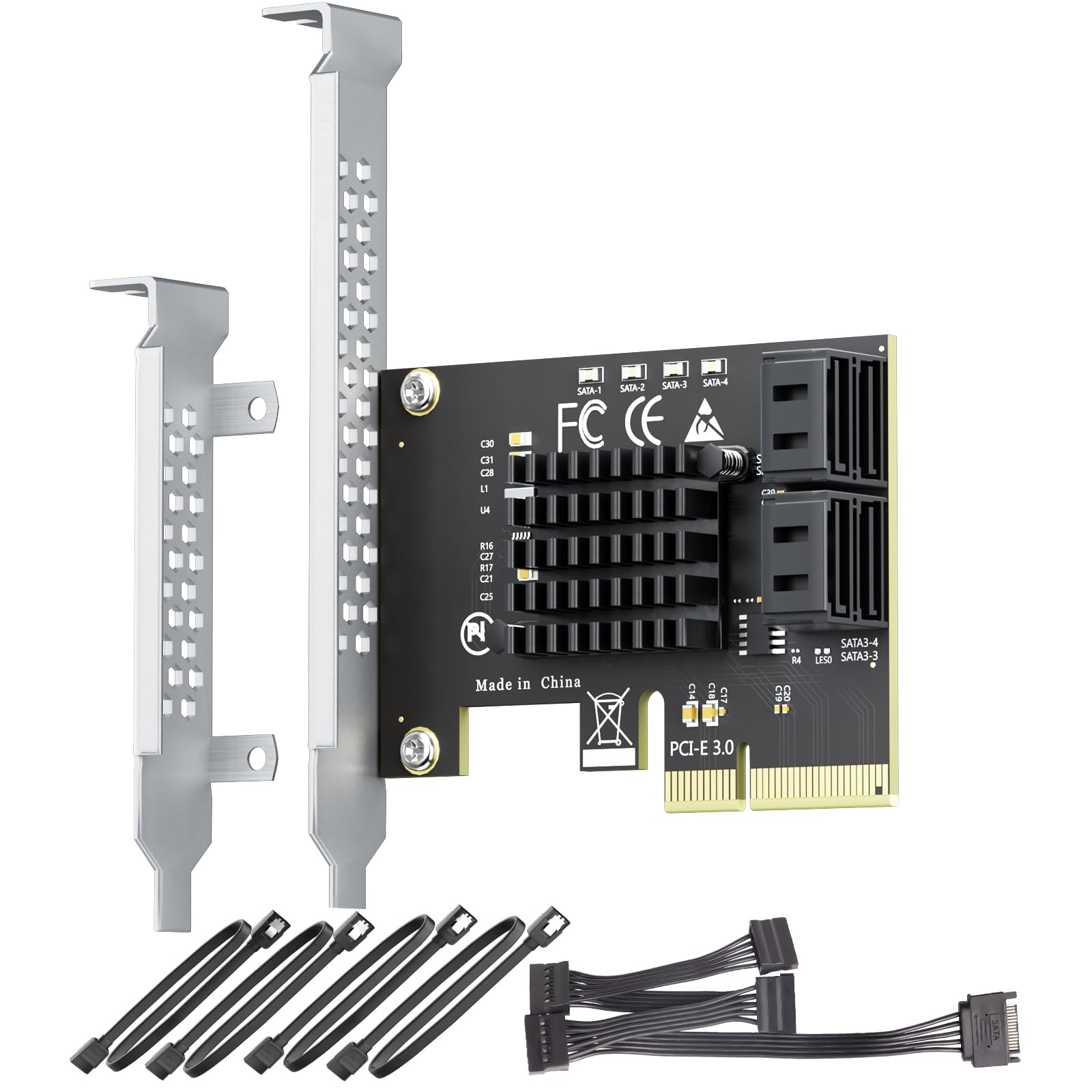 4-Port PCIe X4 SATA Expansion Card with SATA and Power Cables, Compatible with Windows, Linux, Mac OS, NAS
