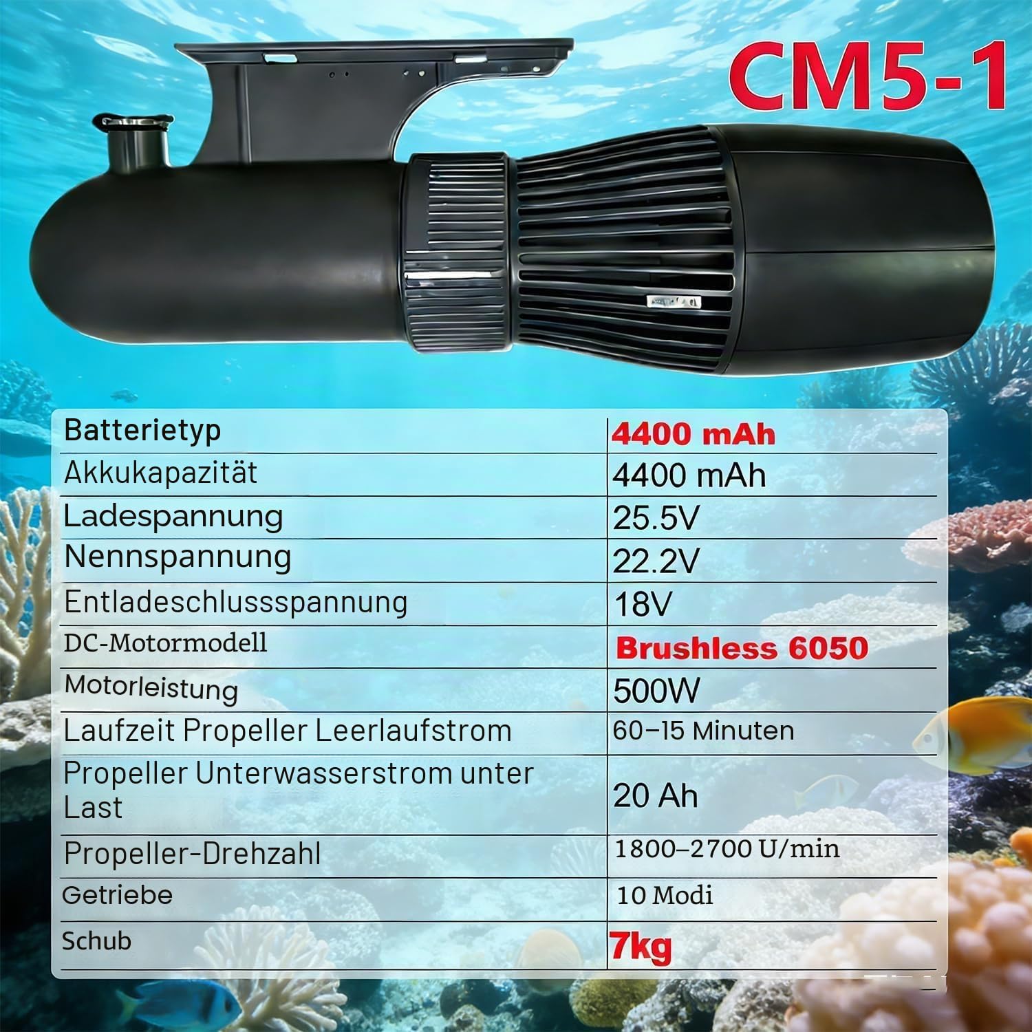 Elektrischer Unterwasser-Scooter, 500 W, 40 m Freitauchen, Schnorcheln, Meer-Roller, bürstenloser Motor, 60 Minuten Wasserscooter für Pool