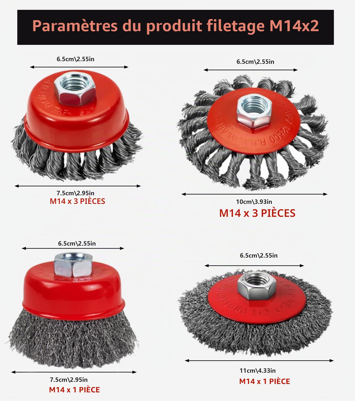 8Pcs brosse metallique meuleuse pour meuleuses d'angle, taille M14, diamètres de 80 mm et 120 mm, brosse métallique meuleuse pour le nettoyage, enlever la rouille, polir et meuler.