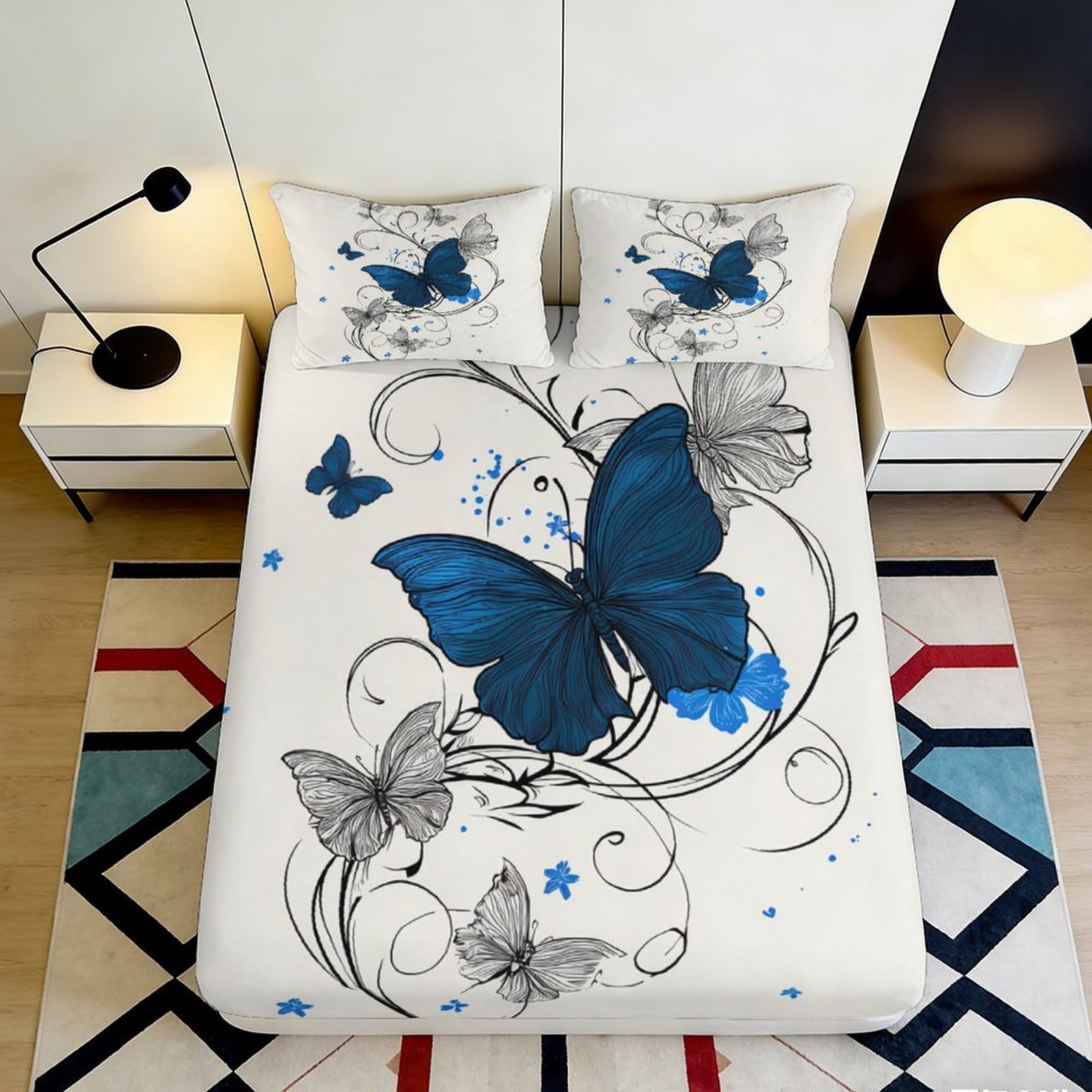 3D Printed Butterfly Fitted Sheet Microfiber Bedroom Deep Pocket Non-Slip Butterfly Mattress Fitted Cover Washable 90x200x25cm