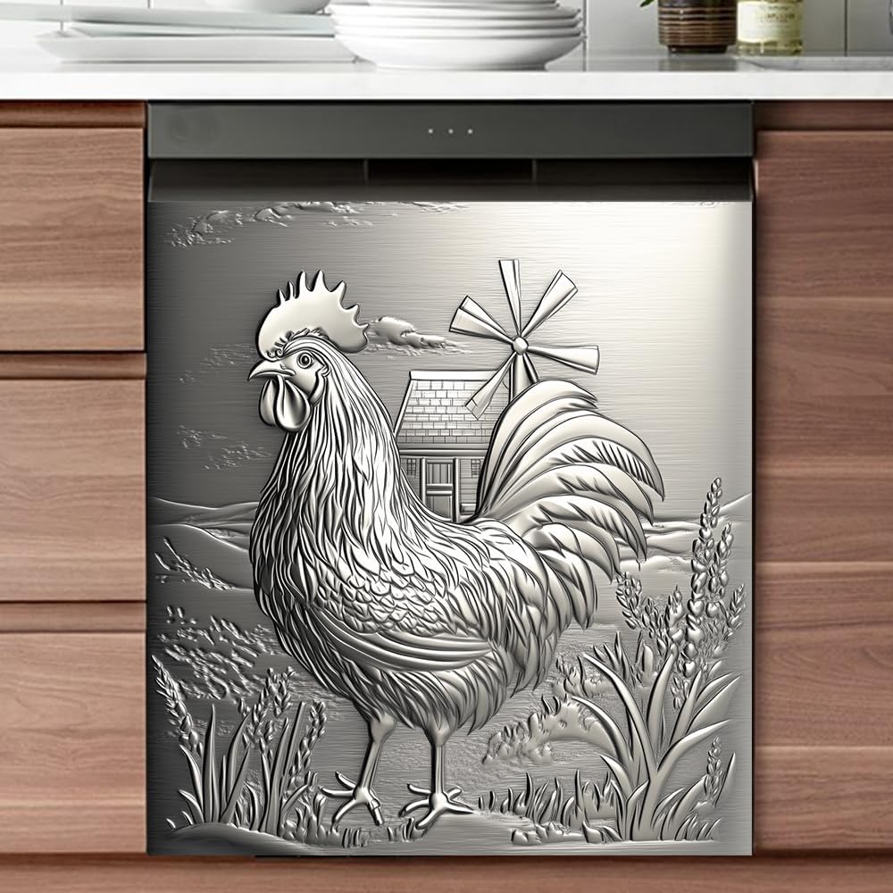stainless steel rooster print pattern dishwasher magnet cover, metal farmhouse windmill pic magnetic panel decal, refrigerator art skin sticker, (reusable, 23x26 appliance decor sheet)