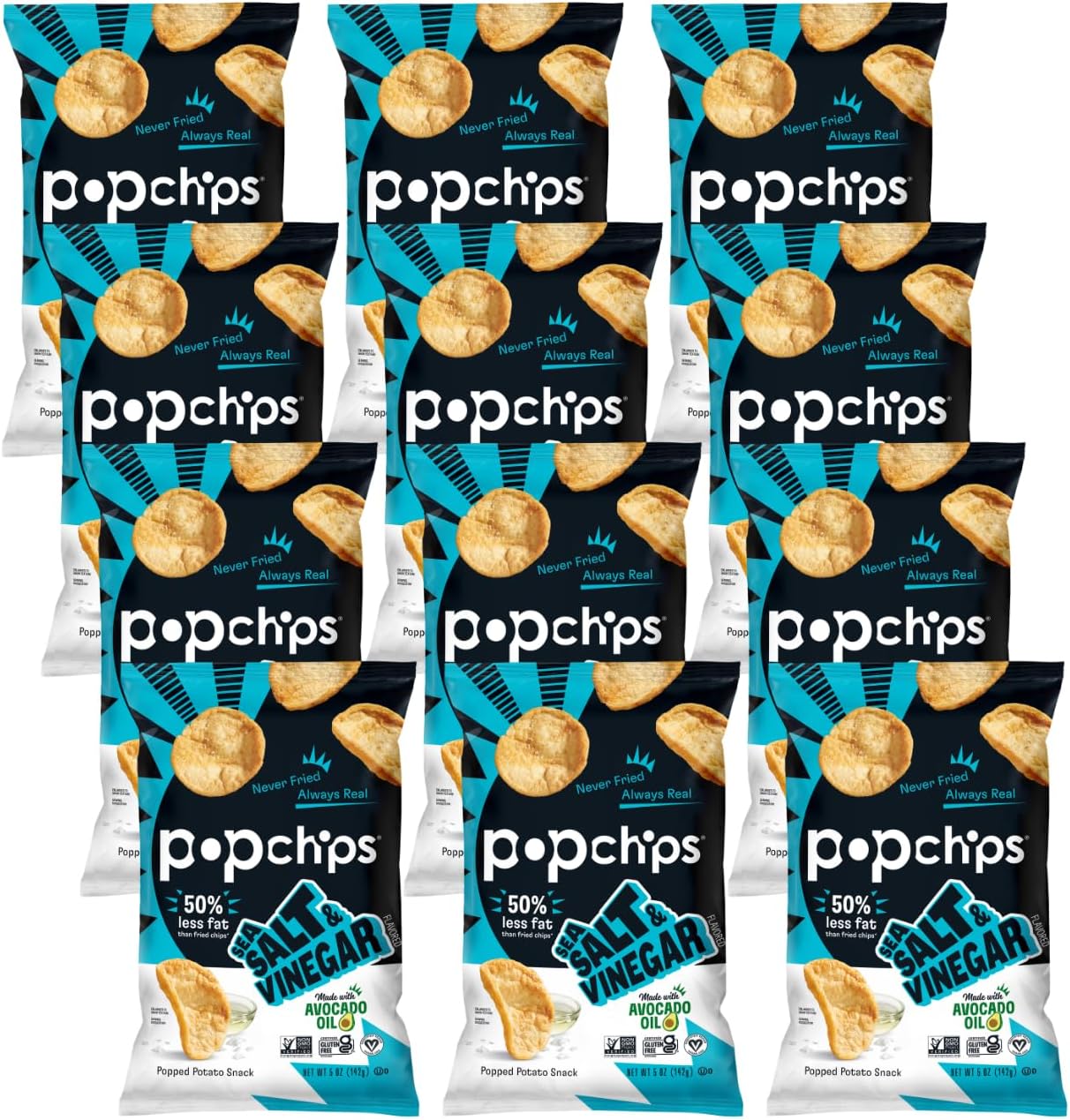 popchips ポテトチップス、海塩&ビネガーポテトチップス、12カウント(5オズ。バッグ)、グルテンフリー、低脂肪、ノー人工香料 海塩と酢 5オンス(12パック)
