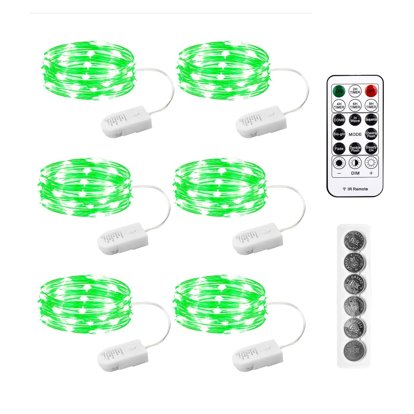 SINAMER 6PCS Green Fairy Lights Battery Powered with Remote, 7ft 20Leds Changing Twinkle String Lights with Timer, Waterproof Small Silver Wire