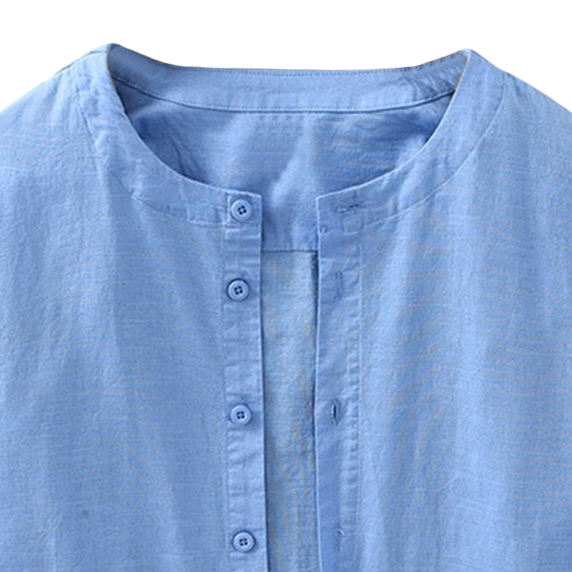 Camicia da uomo retrò a maniche lunghe con bottoni, camicia da esterno girocollo sottile | Colletto a fascia, vestibilità casual, tessuto traspirante, spacchi laterali, polsini arrotolati