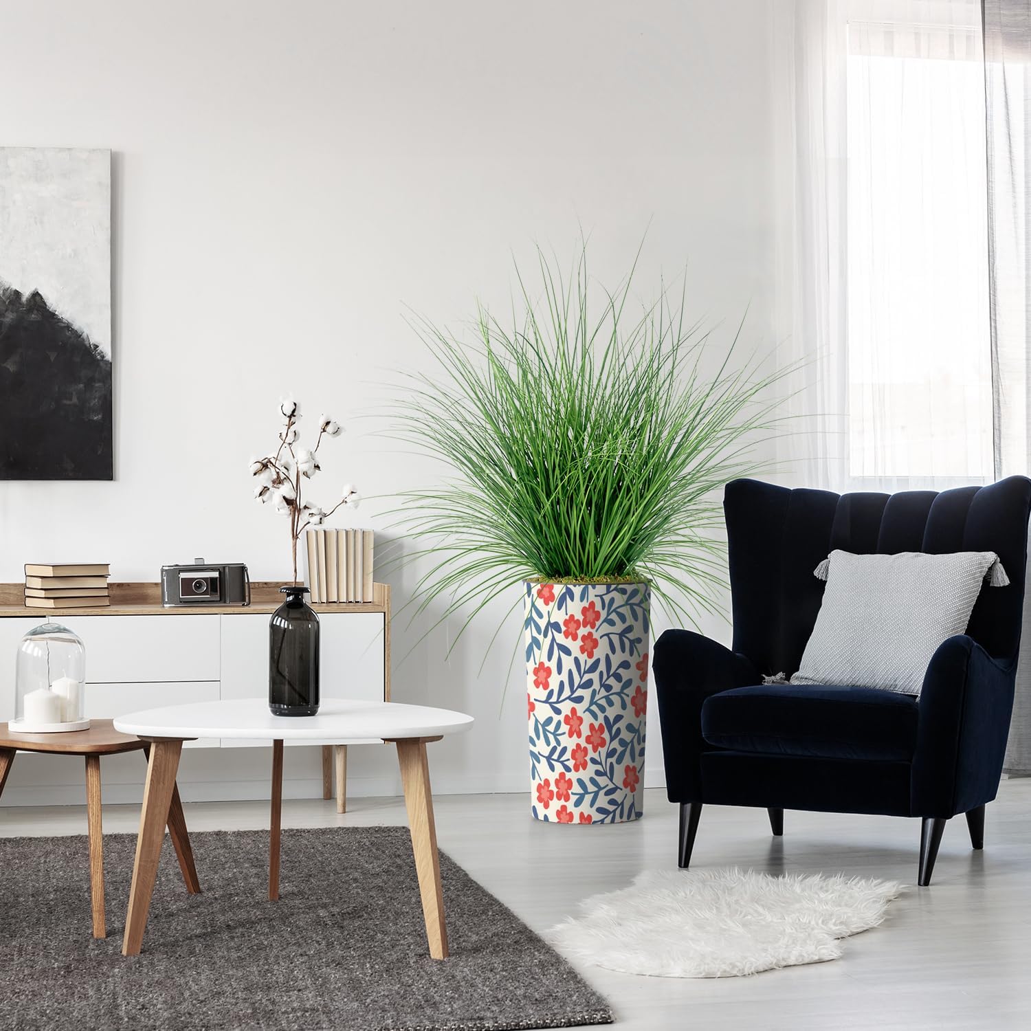 Artificial Tree in Contemporary Daisy Flower Pattern Planter, Fake Onion Grass Silk Tree for Indoor and Outdoor Home Decoration - 55" Overall Tall (Plant Pot Plus Tree)