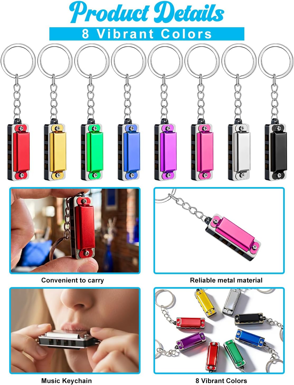 32 Pcs Mini Harmonica Keychain Portable 4 Hole 8 Tone Stainless Steel Harmonicas Multicolor Music Keychain Accessory for Music Party Favors Operation Christmas Favors